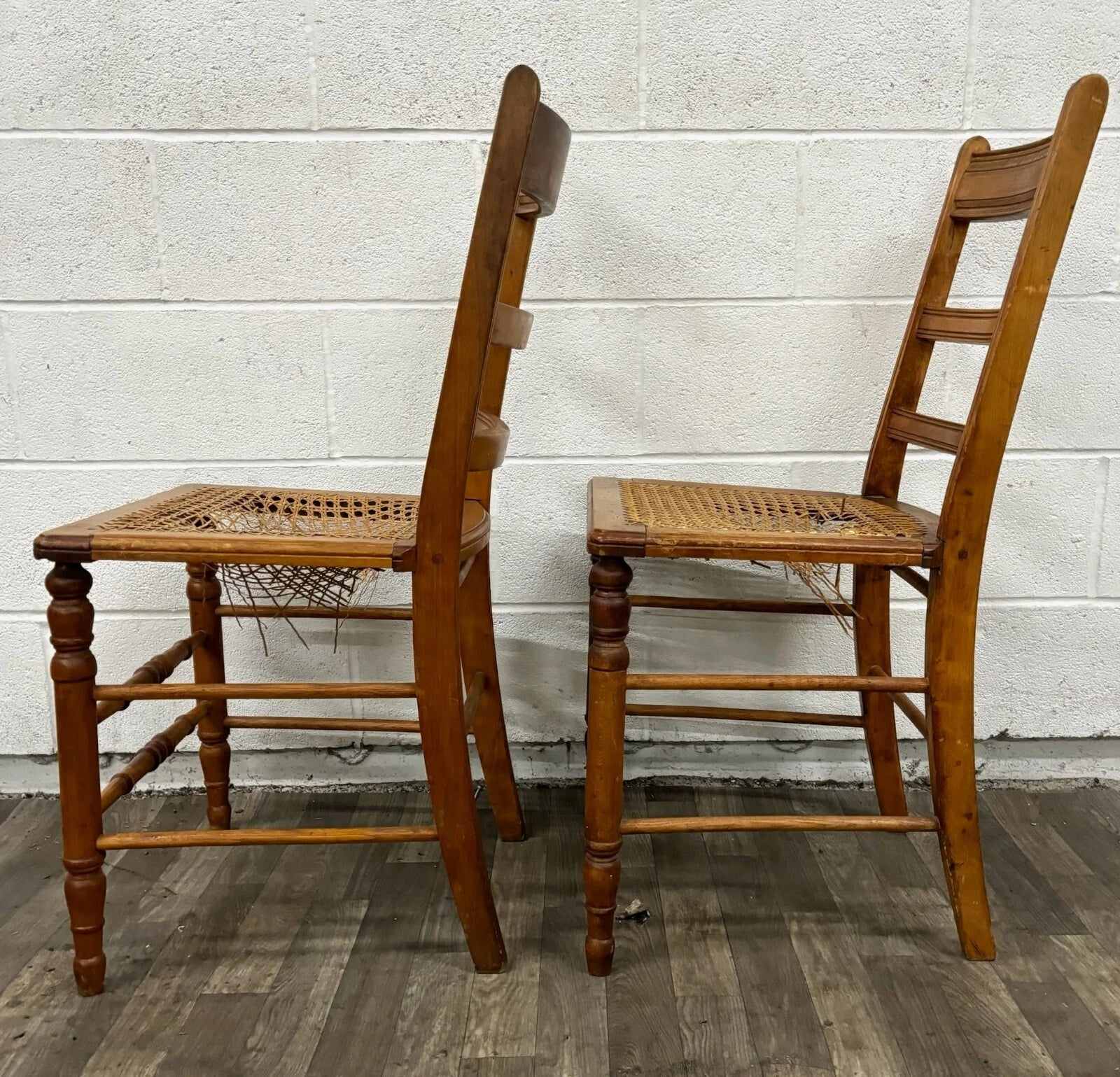 Vintage Colonial Style Ladderback Cane Seat Dining Chairs - Pair