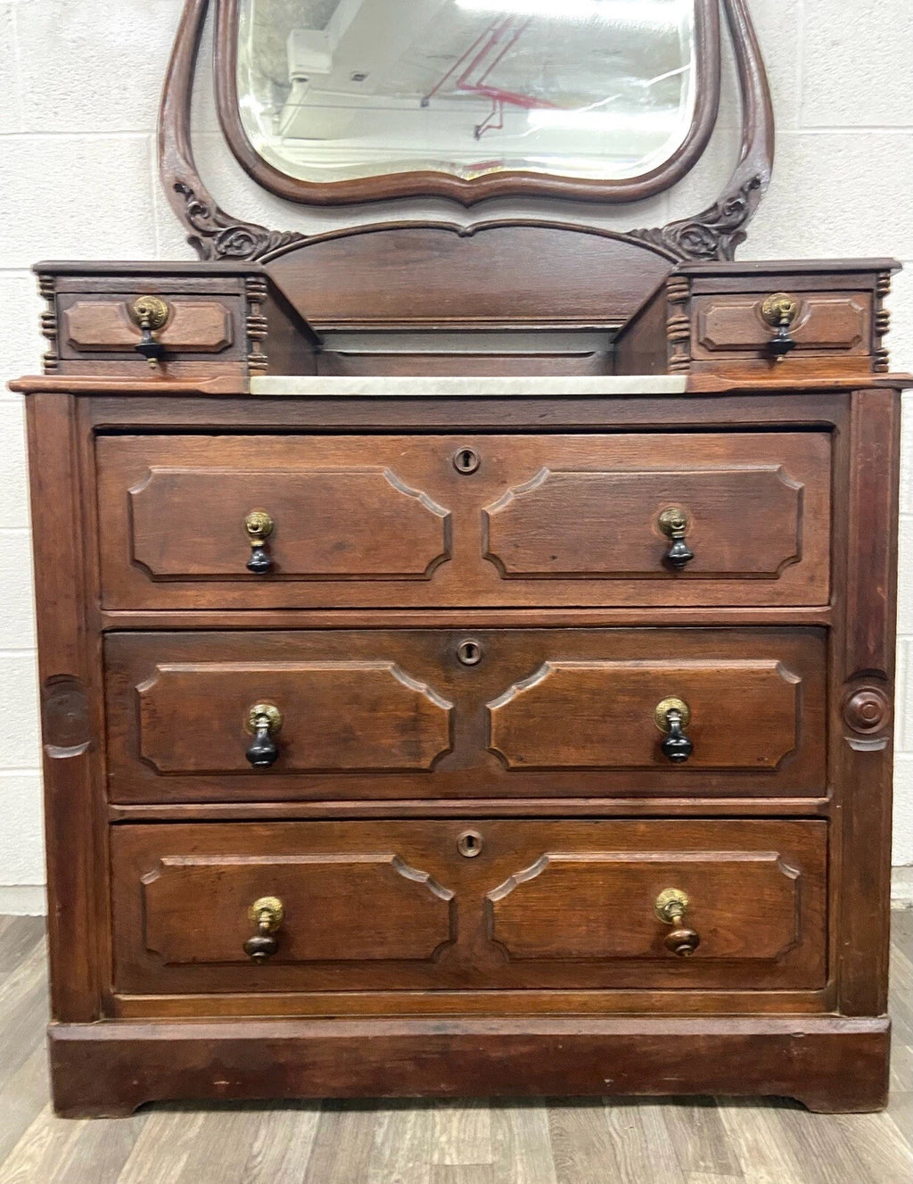 Antique Victorian Walnut and Marble Five Drawer Dresser With Mirror
