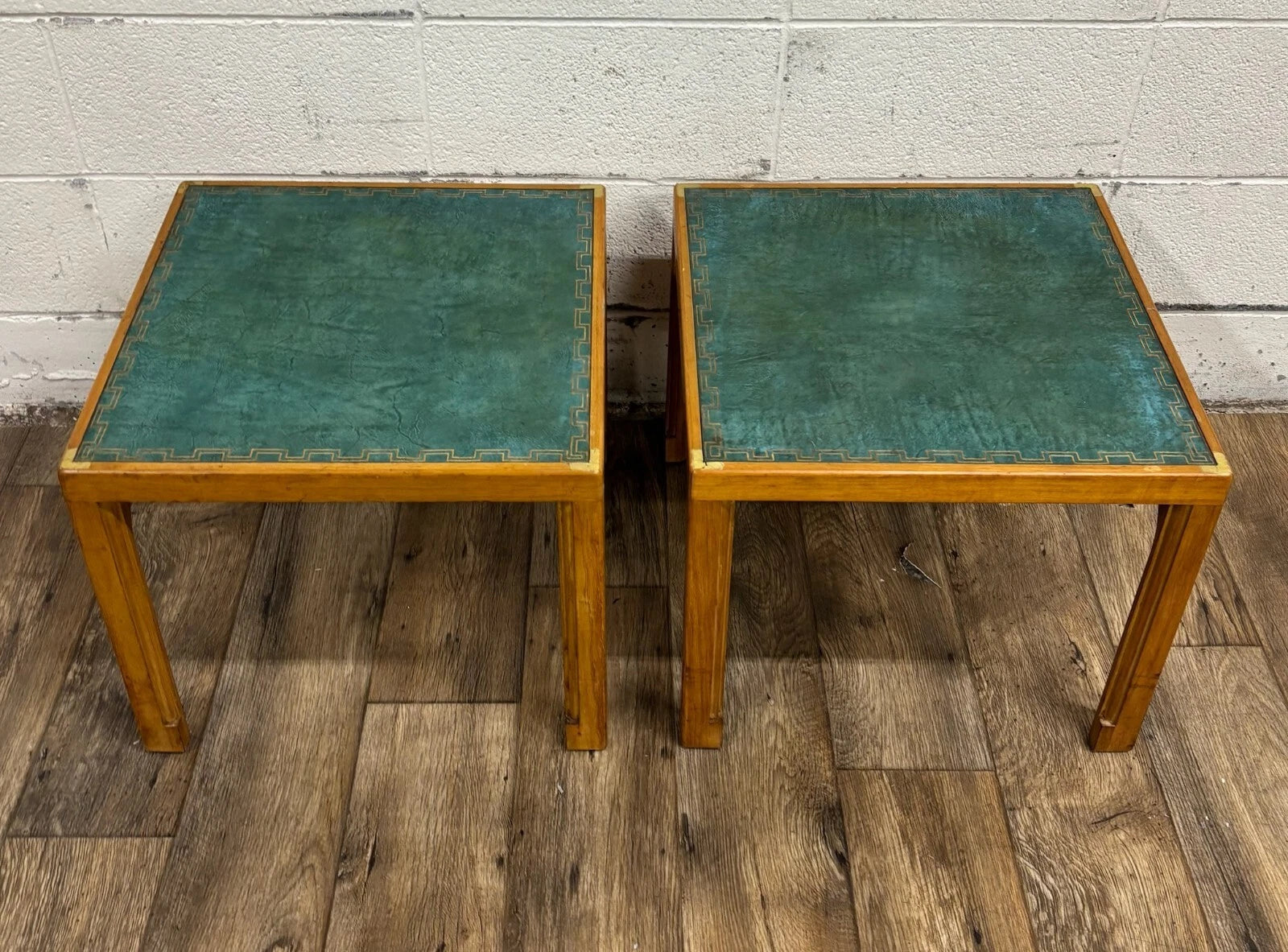 Vintage Tommi Parzinger for Charak Green Leather Top End Tables Side Tables