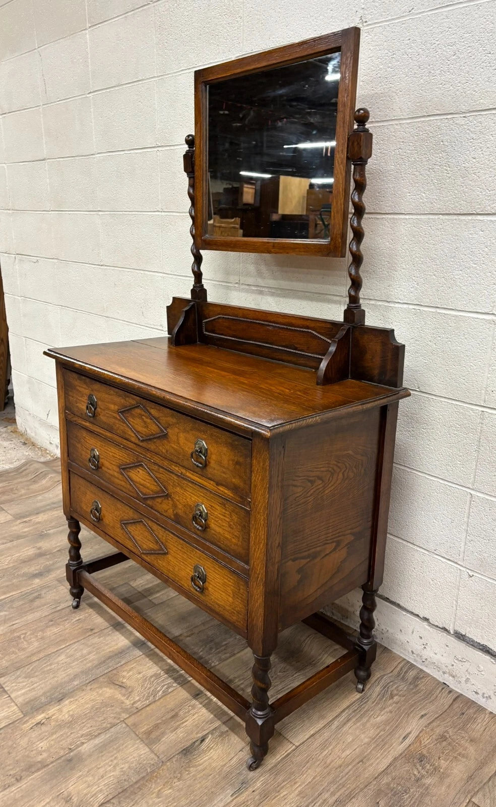 Antique Barley Twist Tiger Oak Dresser with Swivel Mirror