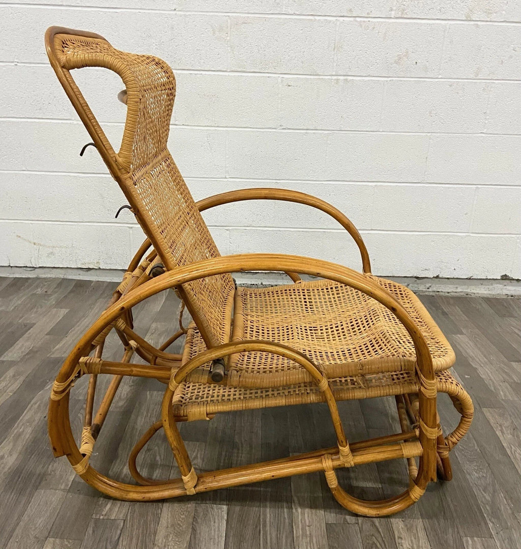Vintage Boho Bentwood Adjustable Reclining Rattan Cane Chaise Lounge Chair