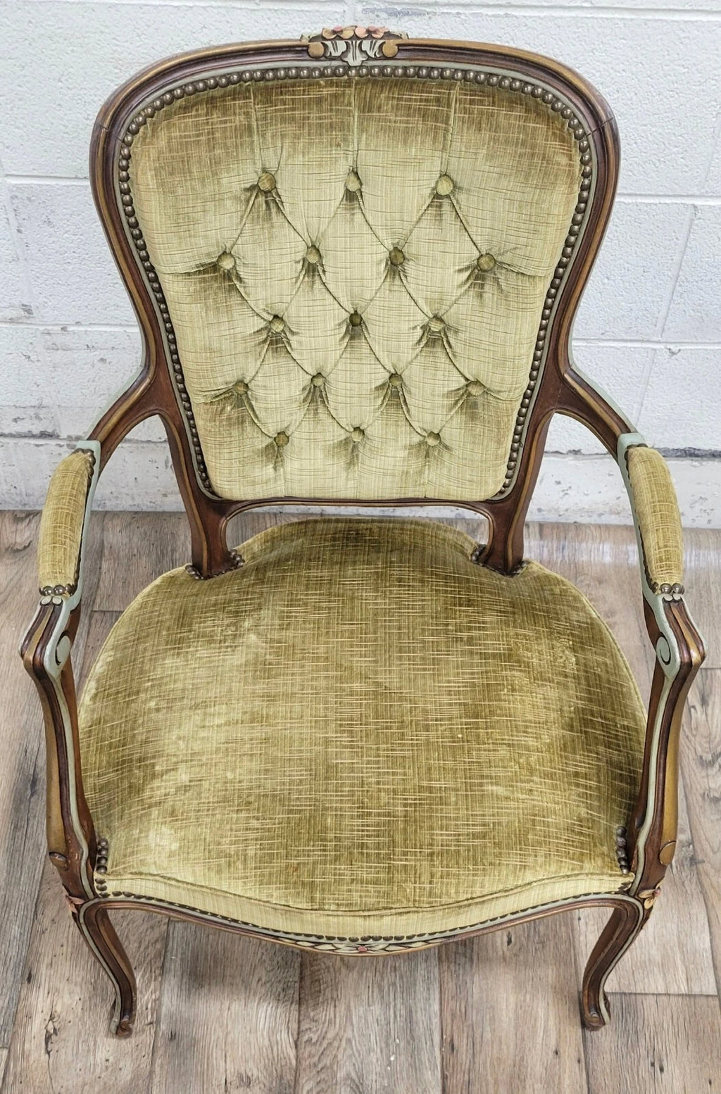 Vintage French Louis XV Style Green Upholstered Fauteuil Armchair