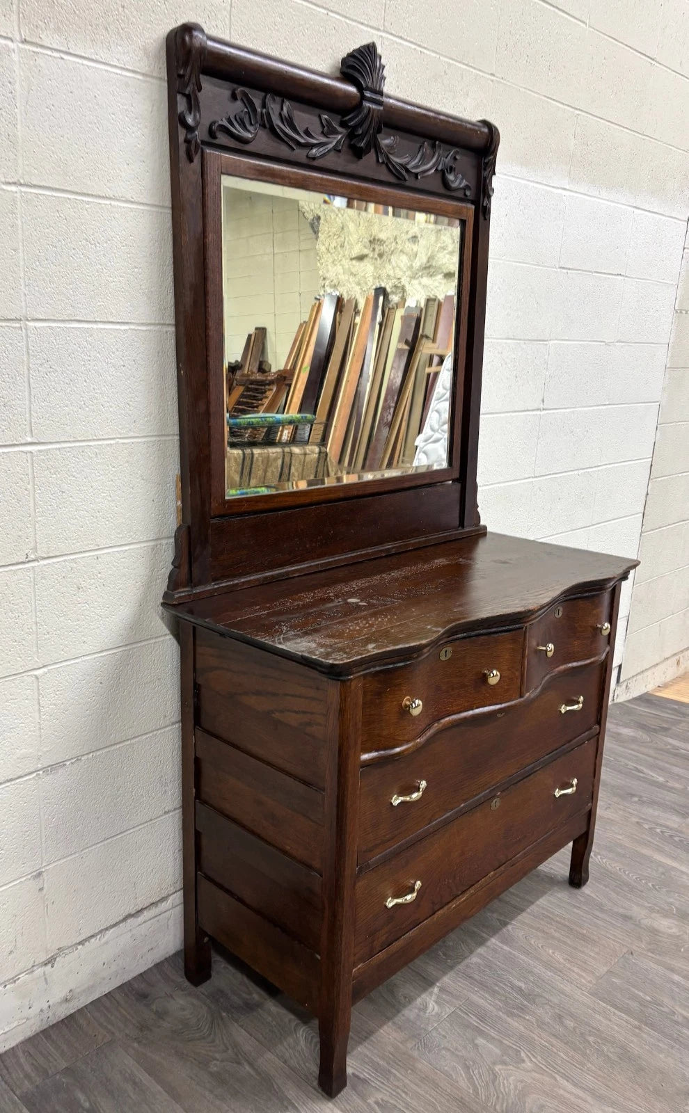 Antique Late Victorian Edwardian Serpentine Oak Dresser with Removable Mirror