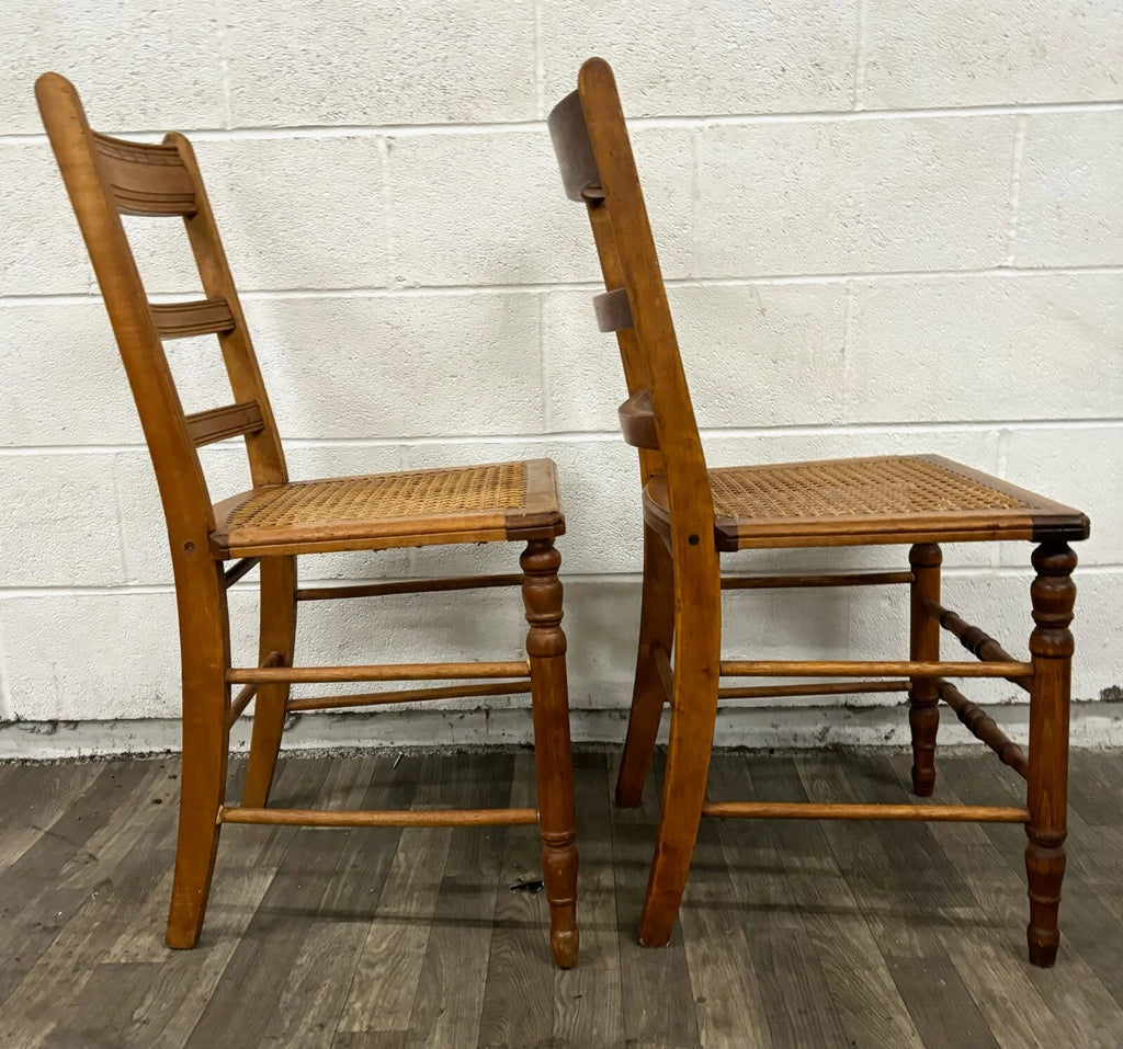 Vintage Colonial Style Ladderback Cane Seat Dining Chairs - Pair