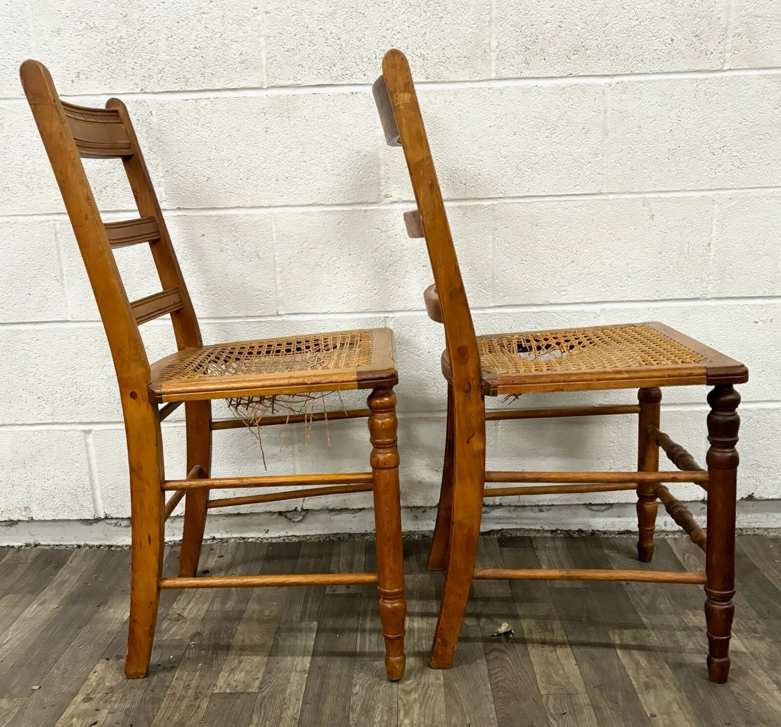 Vintage Colonial Style Ladderback Cane Seat Dining Chairs - Pair