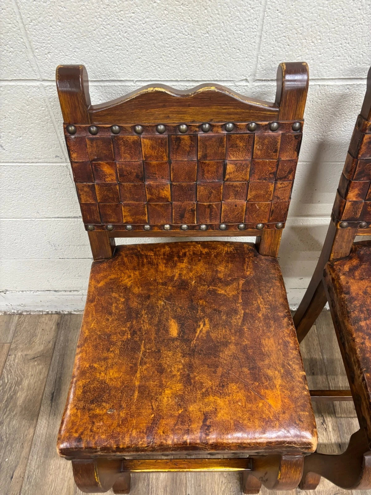 Western Rustic Spanish Colonial Leather and Nailhead Barstools - Pair