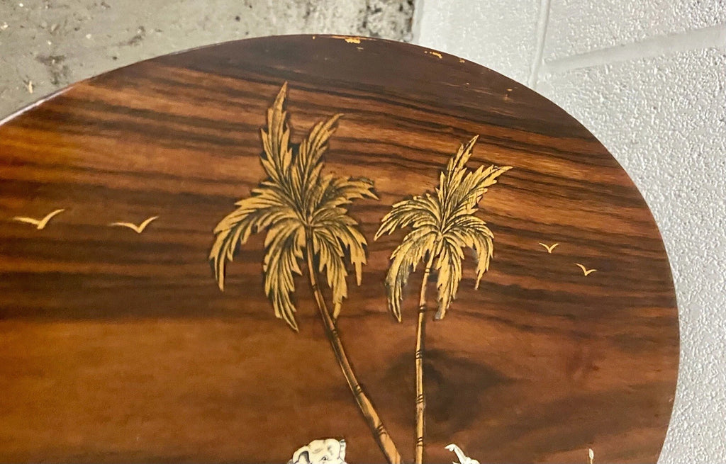 Vintage Shibayama Style Hardwood Side Table with Inlaid Elephant Scene