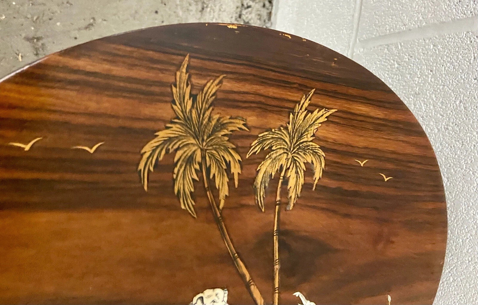 Vintage Shibayama Style Hardwood Side Table with Inlaid Elephant Scene