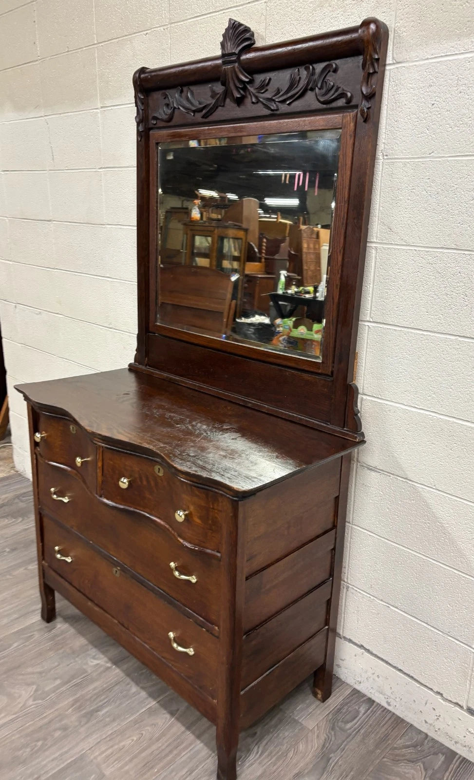 Antique Late Victorian Edwardian Serpentine Oak Dresser with Removable Mirror