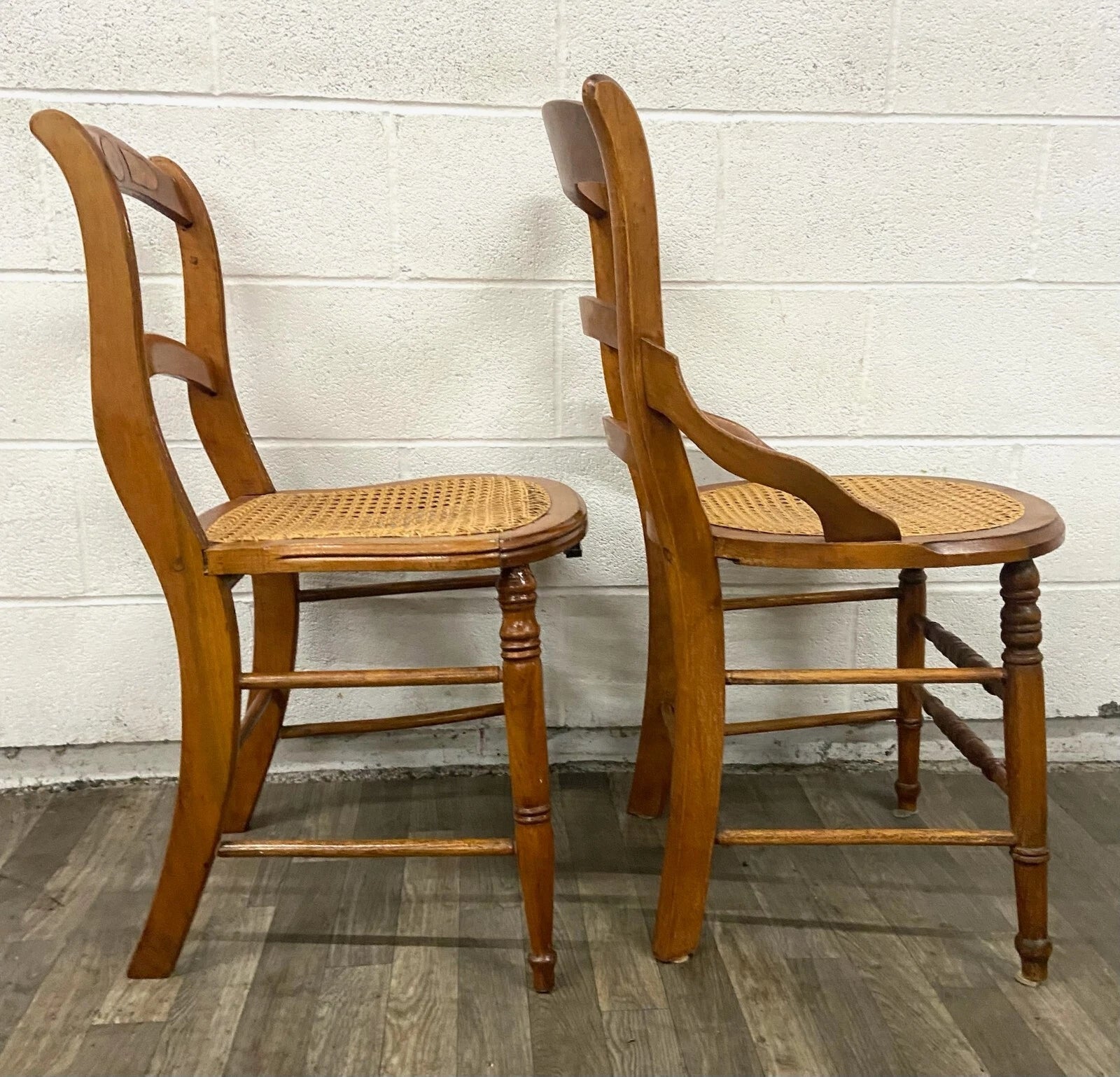 Antique Victorian Eastlake Style Ladderback Cane Dining Occasional Chairs - Pair