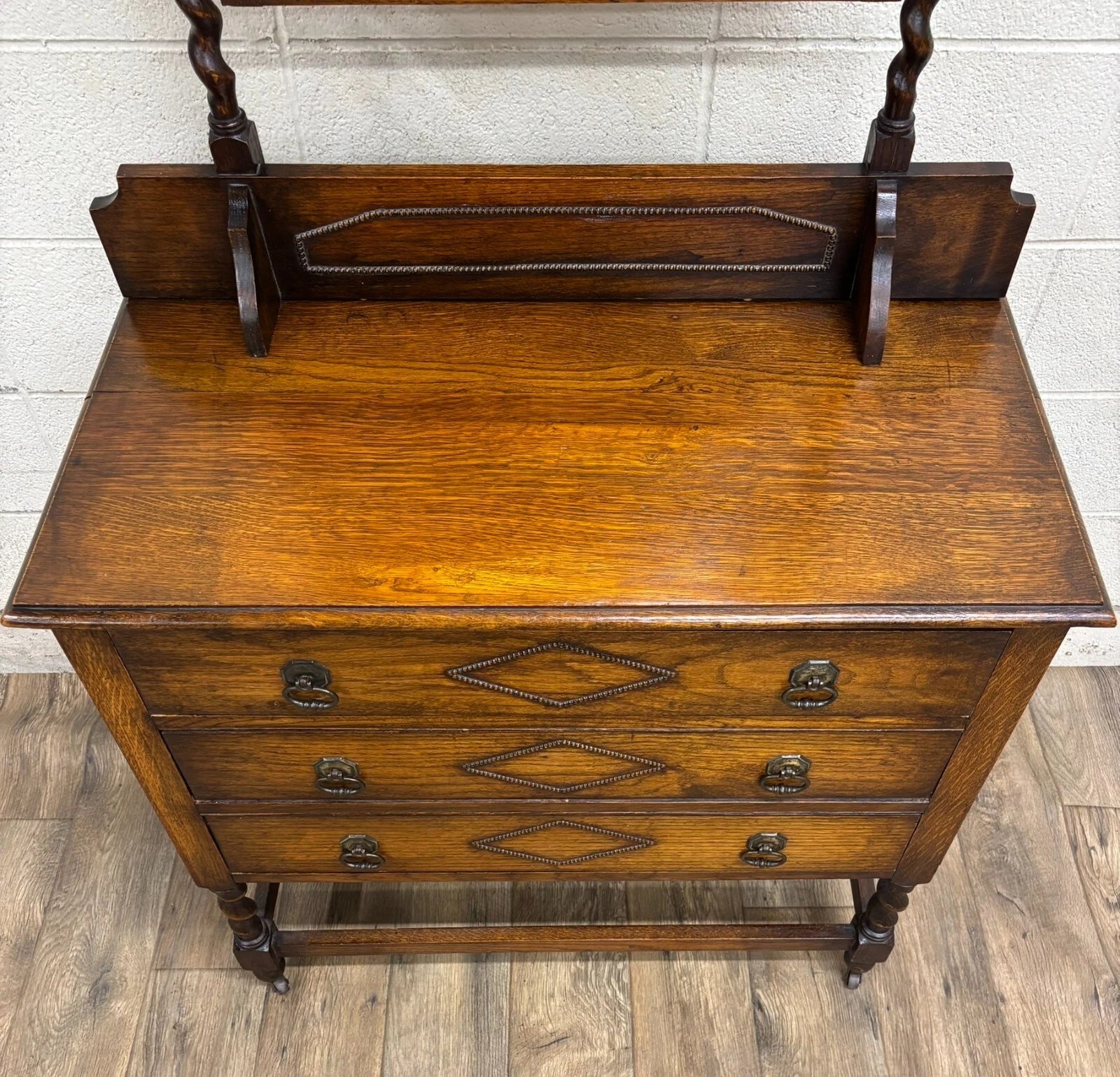 Antique Barley Twist Tiger Oak Dresser with Swivel Mirror