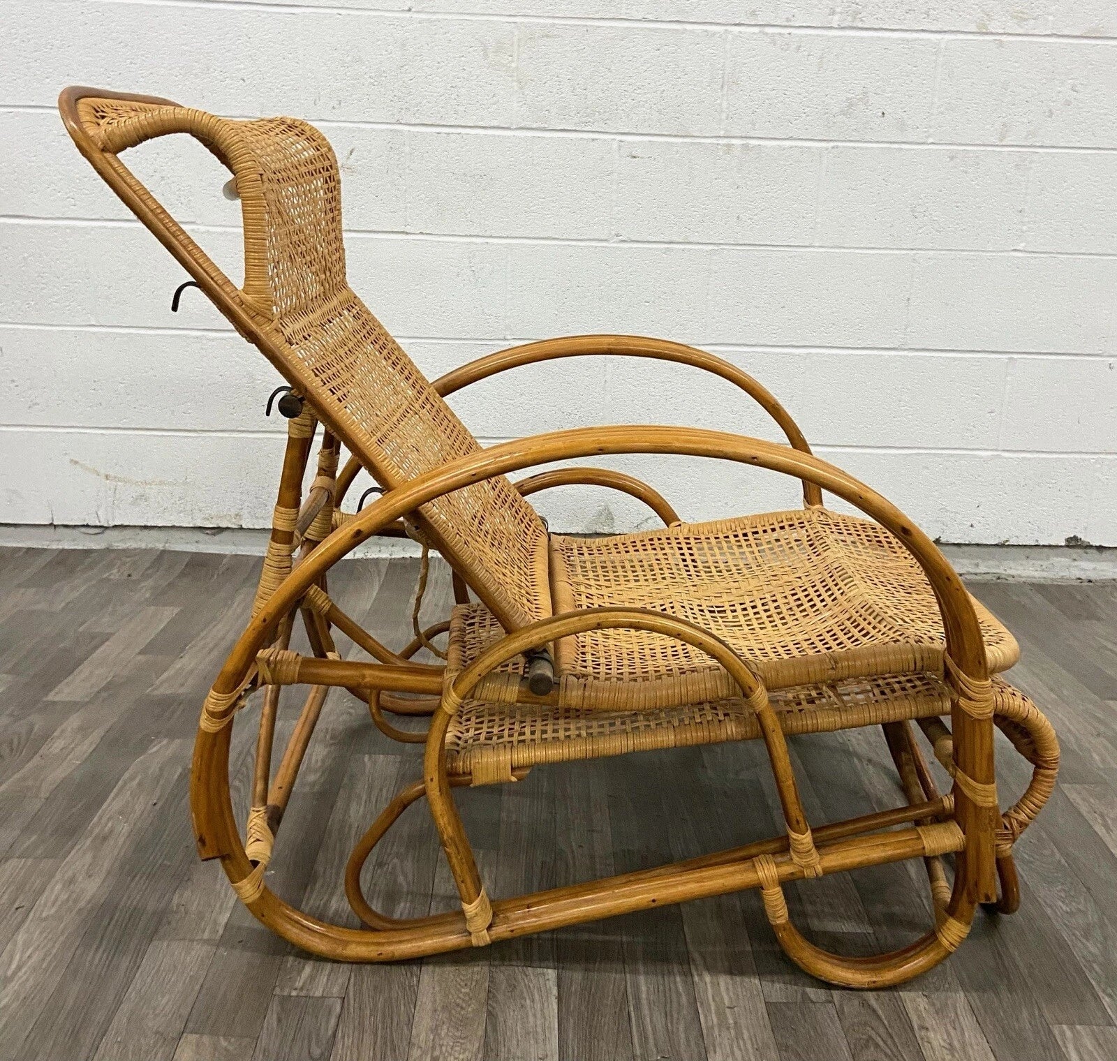 Vintage Boho Bentwood Adjustable Reclining Rattan Cane Chaise Lounge Chair