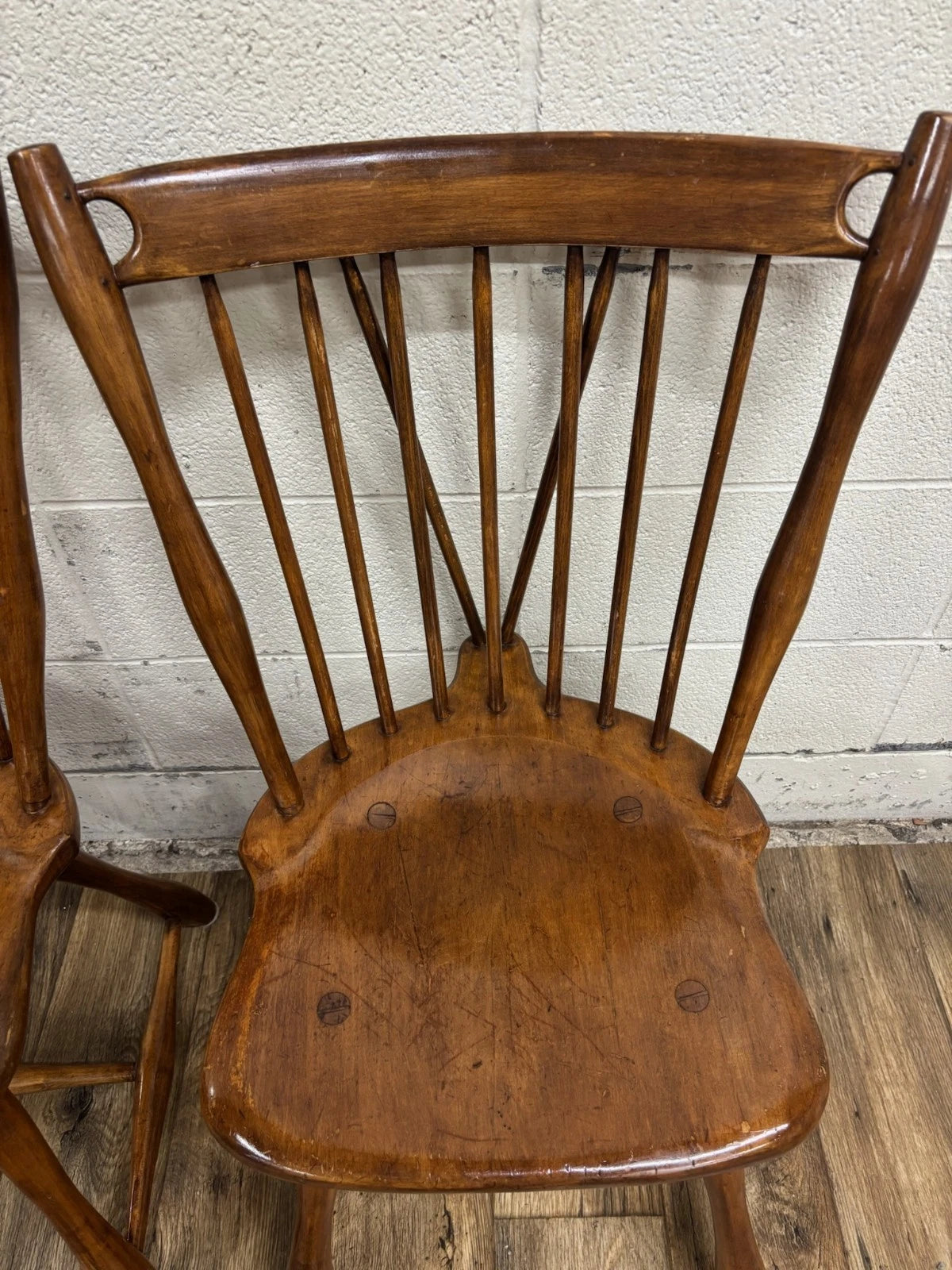 Antique Early American Style Solid Maple Spindle Back Dining Chairs - Pair
