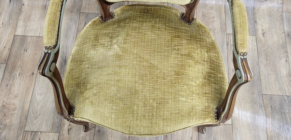 Vintage French Louis XV Style Green Upholstered Fauteuil Armchair