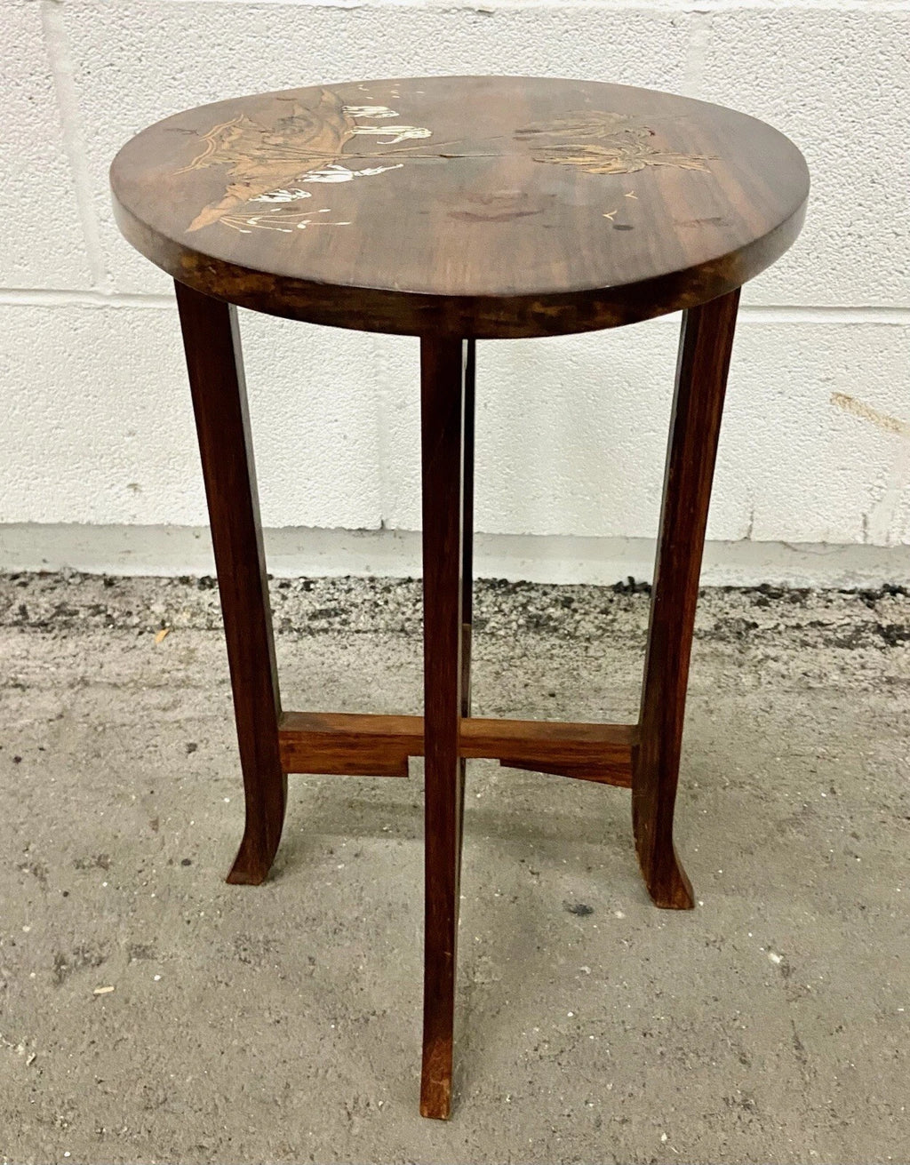 Vintage Shibayama Style Hardwood Side Table with Inlaid Elephant Scene