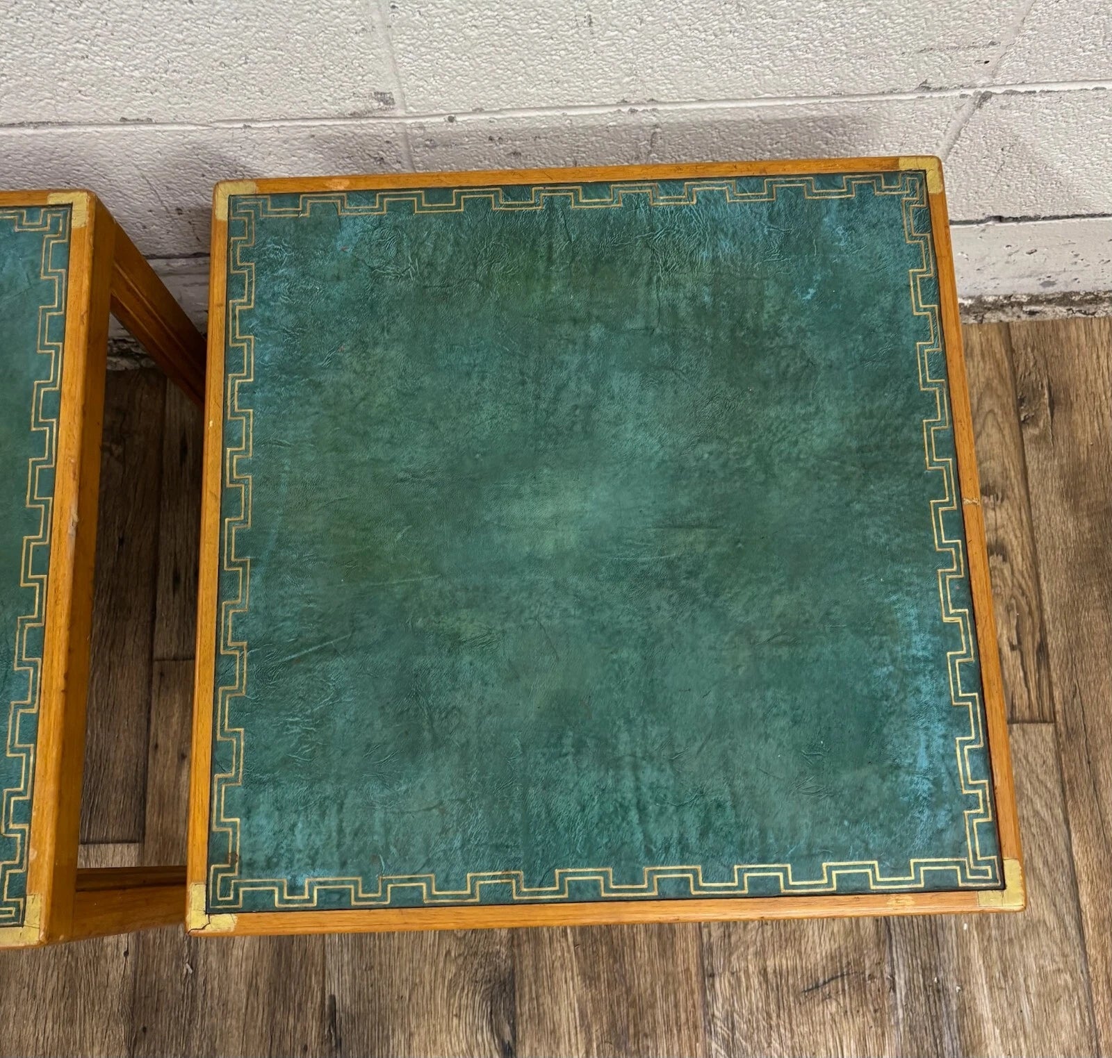Vintage Tommi Parzinger for Charak Green Leather Top End Tables Side Tables