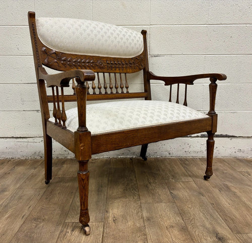 Antique Carved Spindle Back Carved Upholstered Settee