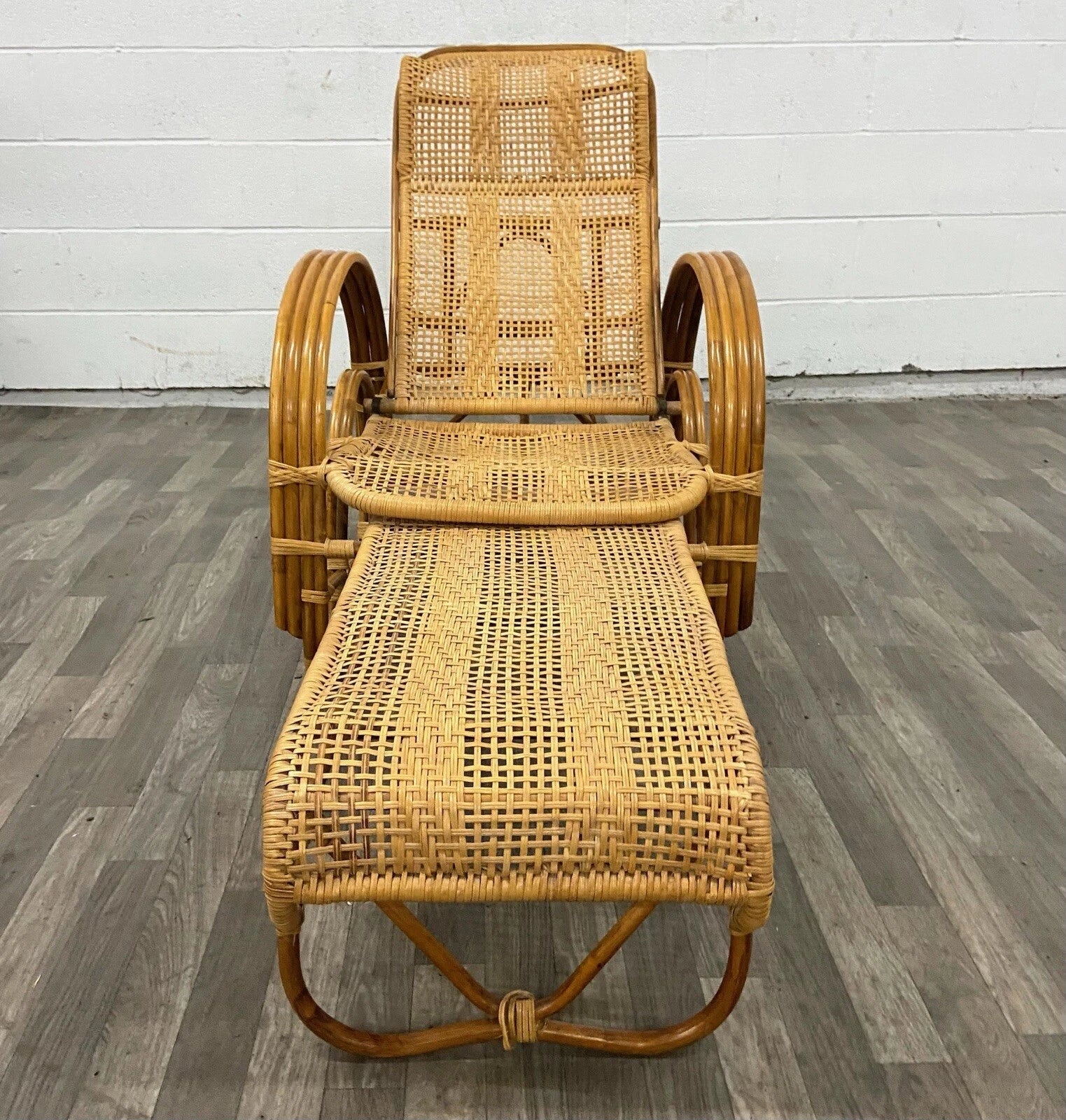 Vintage Boho Bentwood Adjustable Reclining Rattan Cane Chaise Lounge Chair