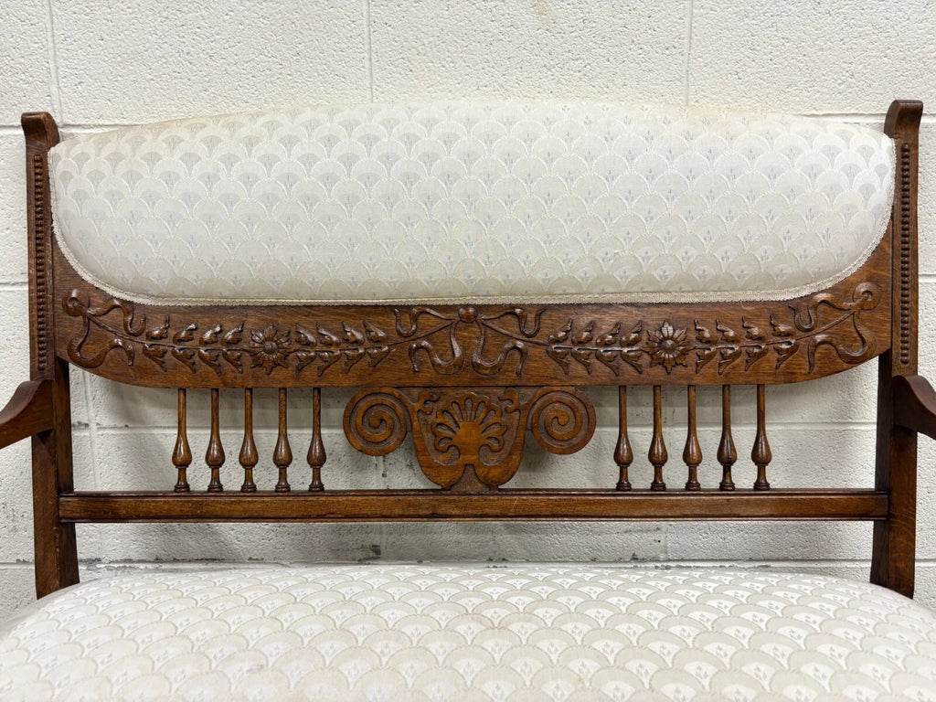 Antique Carved Spindle Back Carved Upholstered Settee