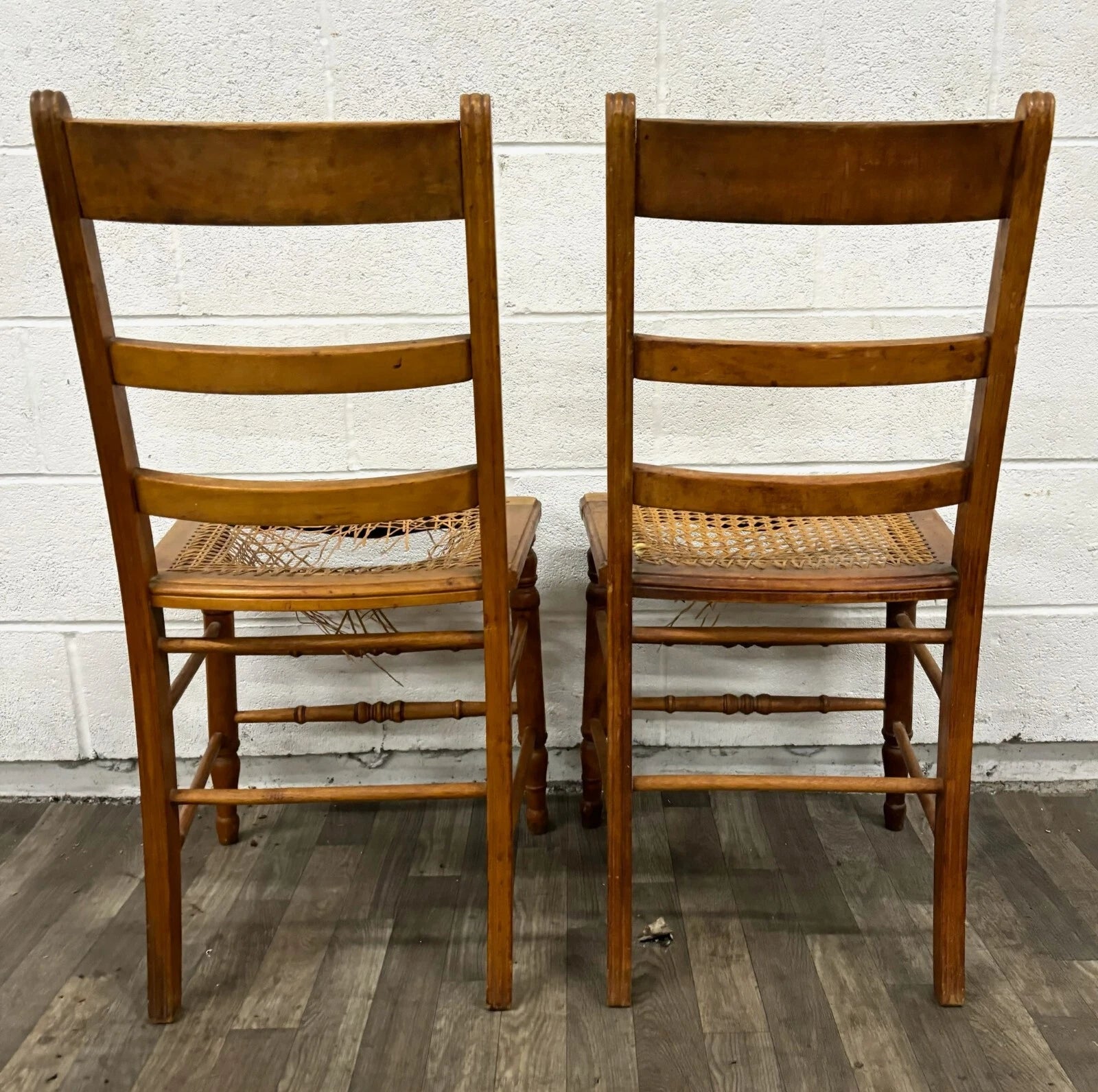 Vintage Colonial Style Ladderback Cane Seat Dining Chairs - Pair
