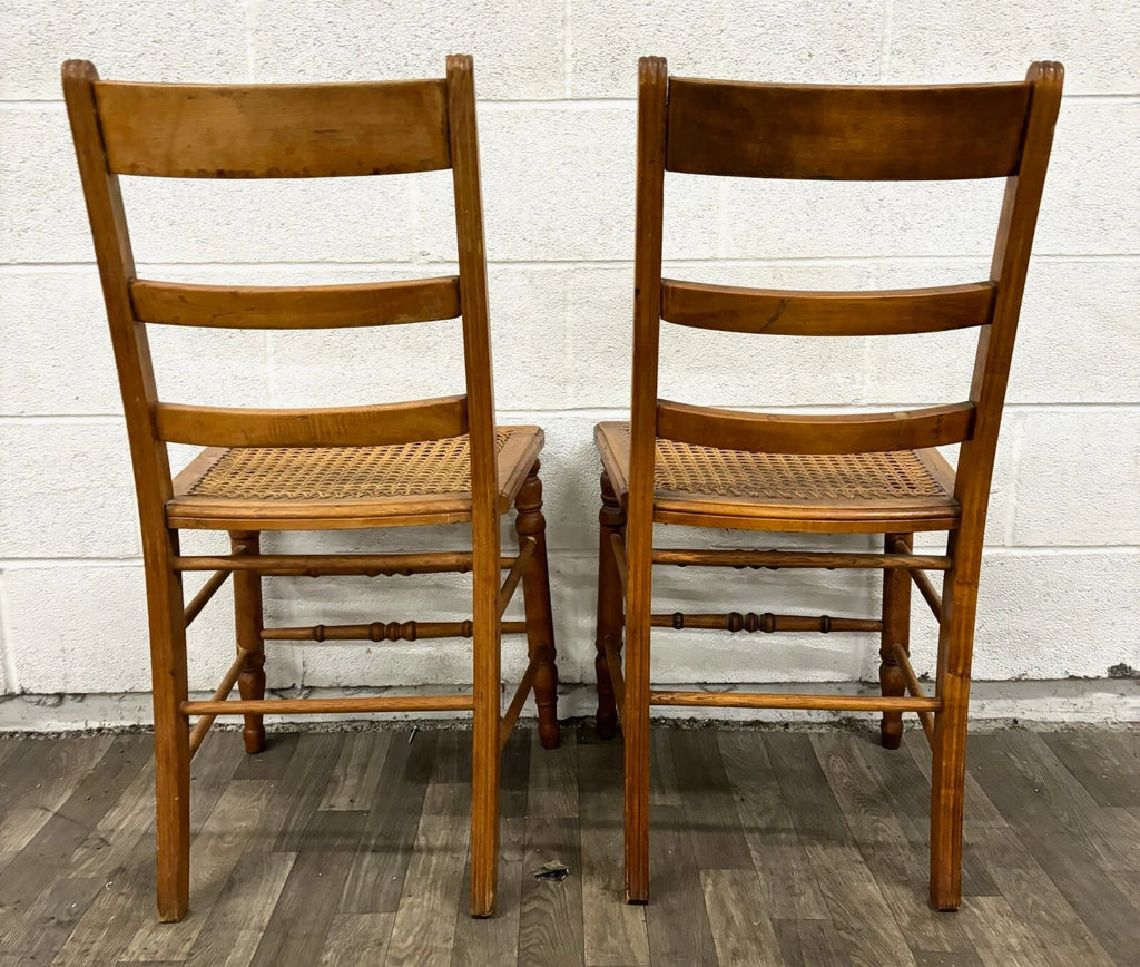 Vintage Colonial Style Ladderback Cane Seat Dining Chairs - Pair