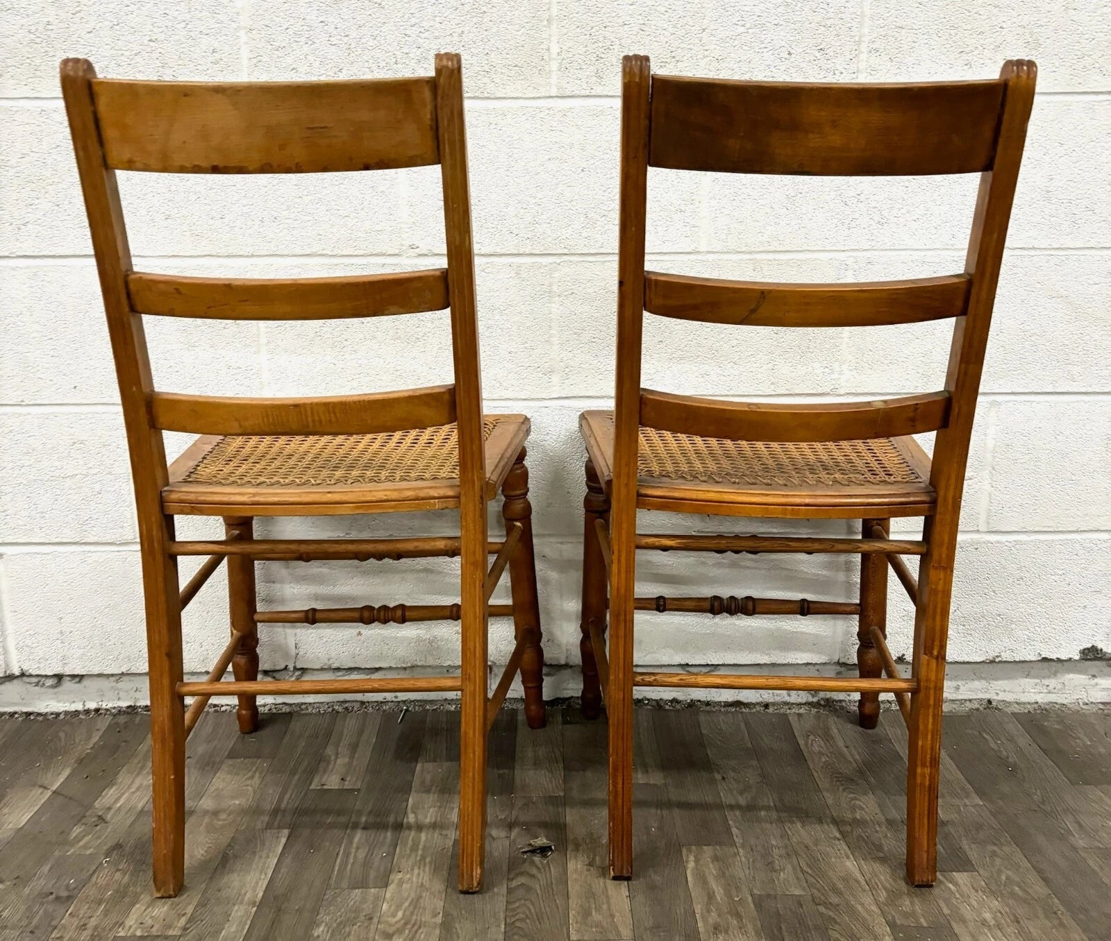 Vintage Colonial Style Ladderback Cane Seat Dining Chairs - Pair