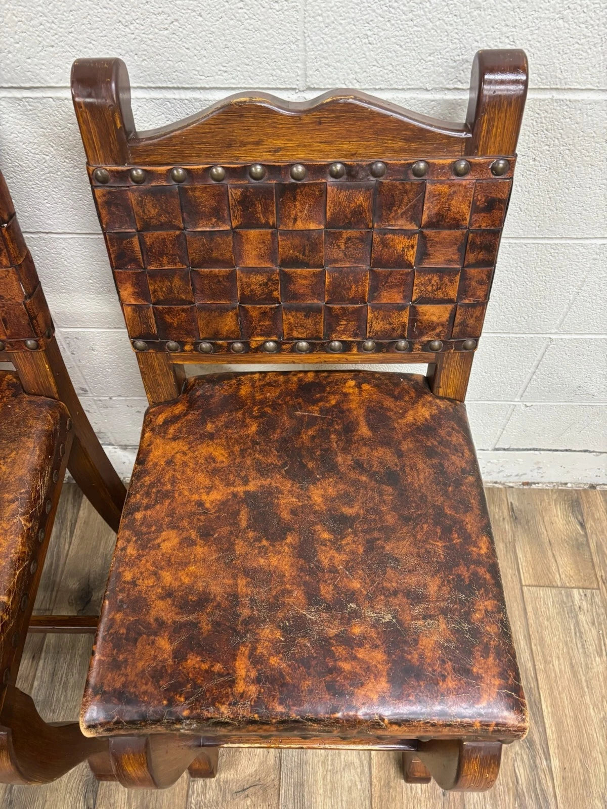 Western Rustic Spanish Colonial Leather and Nailhead Barstools - Pair