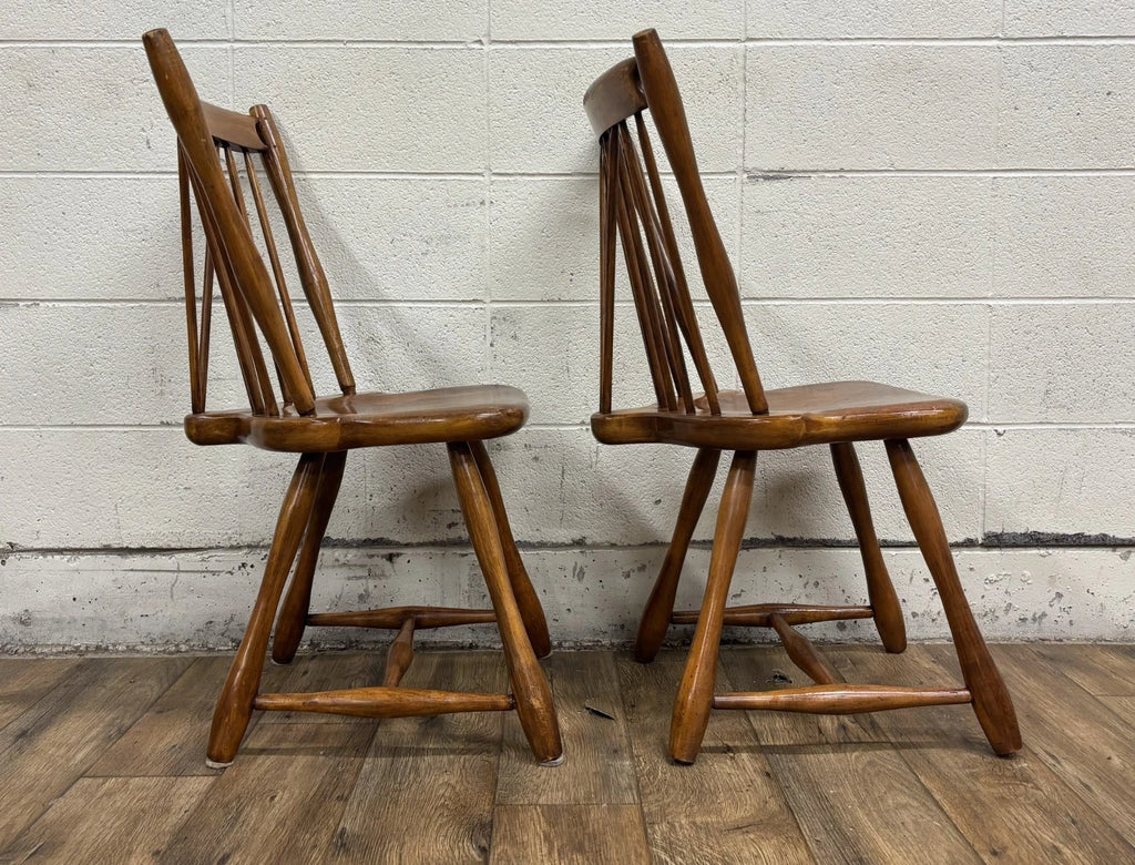 Antique Early American Style Solid Maple Spindle Back Dining Chairs - Pair