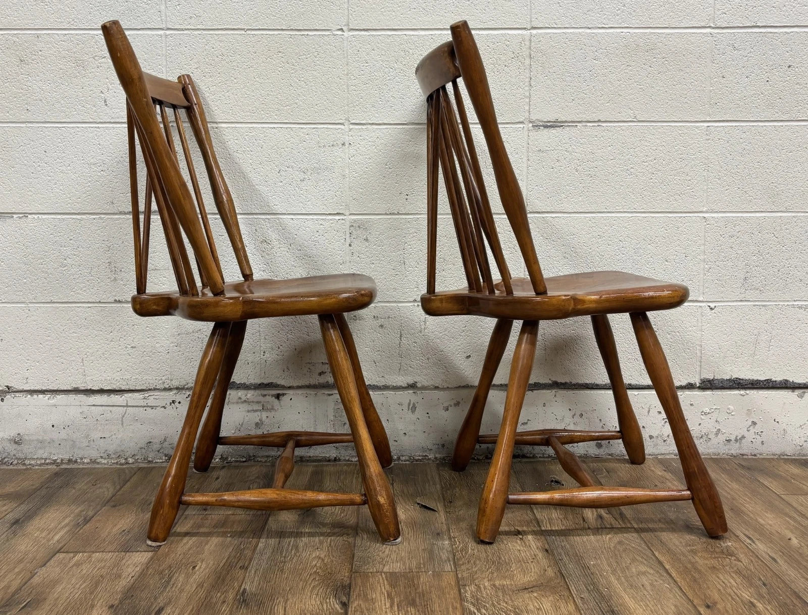 Antique Early American Style Solid Maple Spindle Back Dining Chairs - Pair