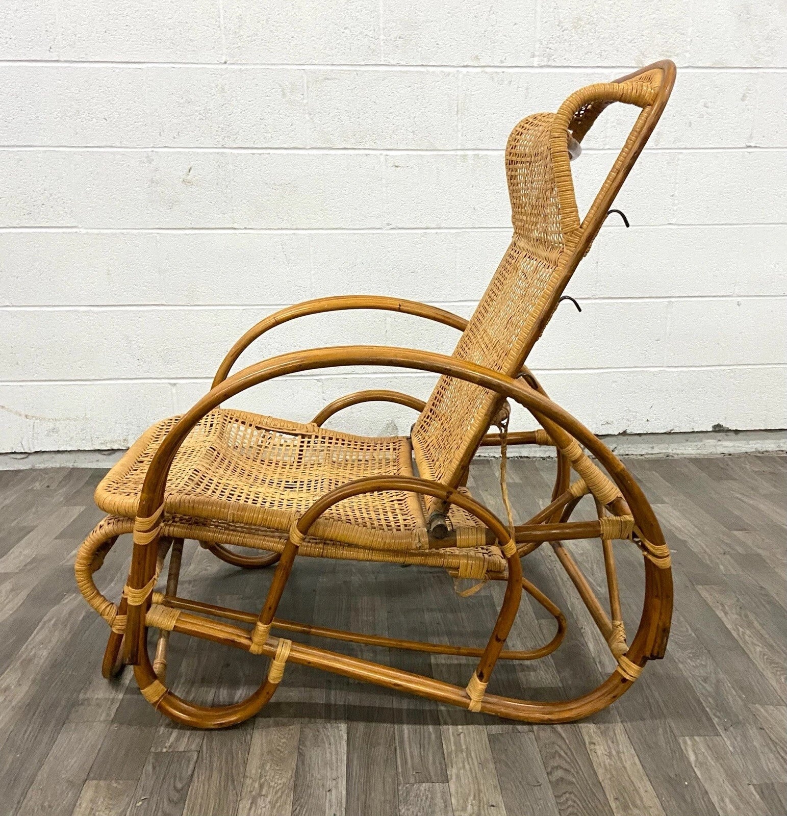 Vintage Boho Bentwood Adjustable Reclining Rattan Cane Chaise Lounge Chair