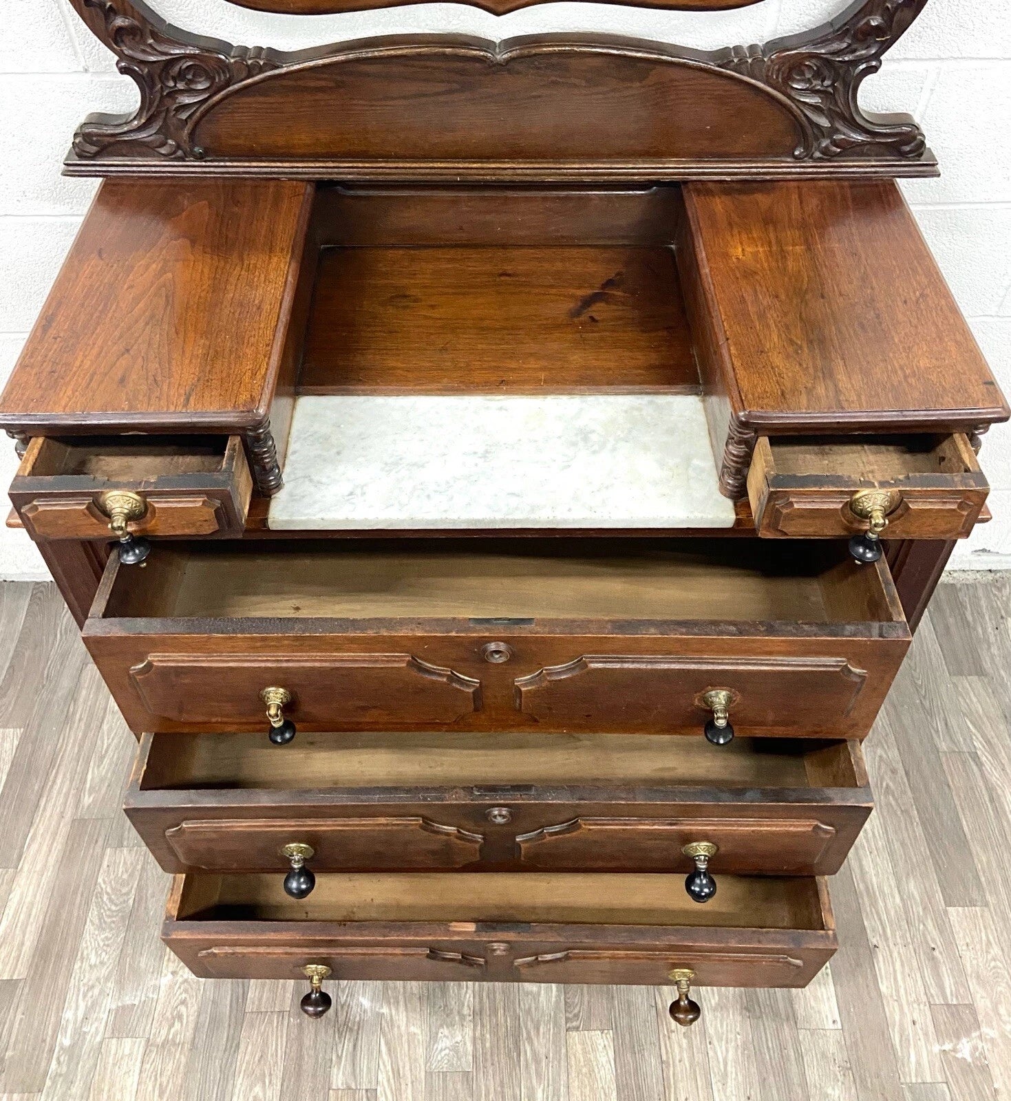 Antique Victorian Walnut and Marble Five Drawer Dresser With Mirror