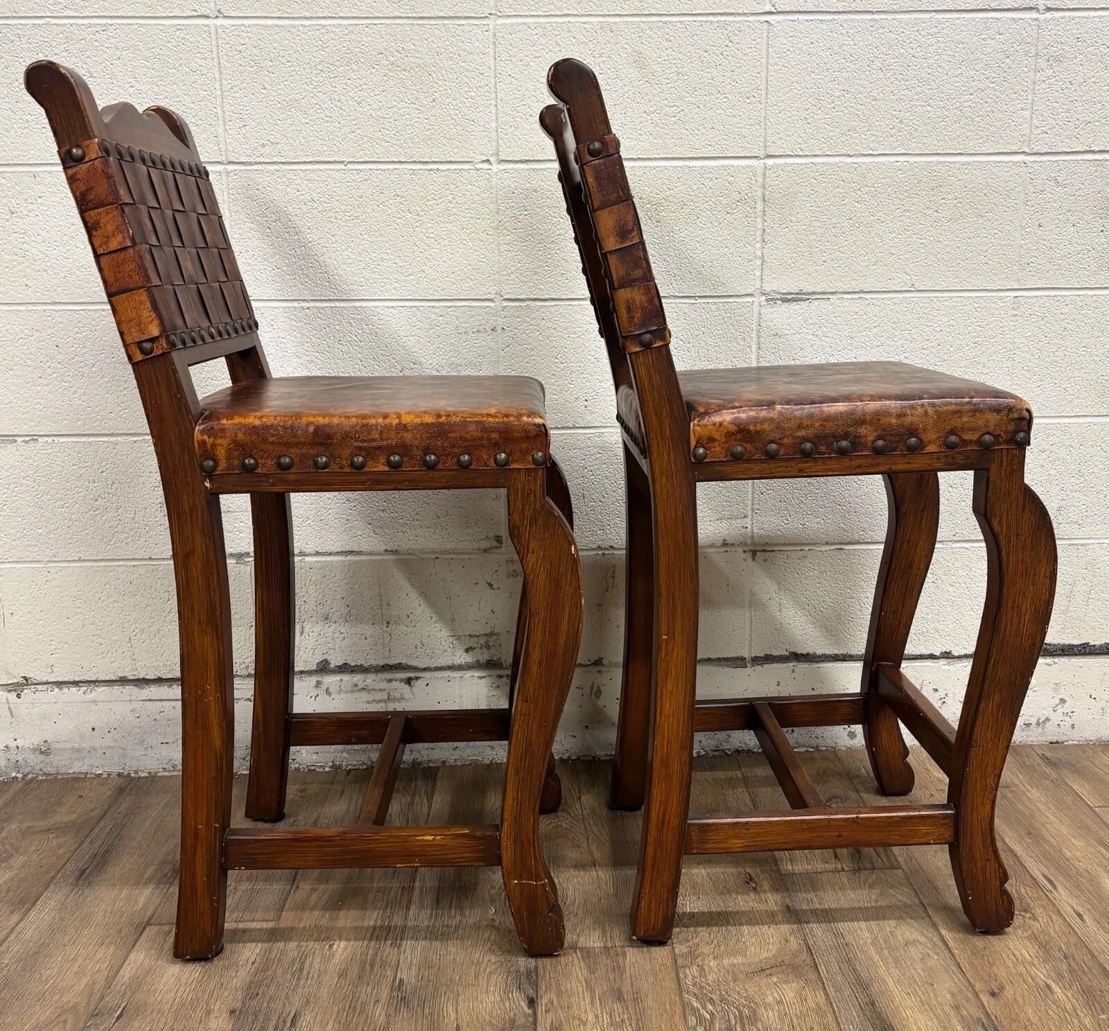 Western Rustic Spanish Colonial Leather and Nailhead Barstools - Pair