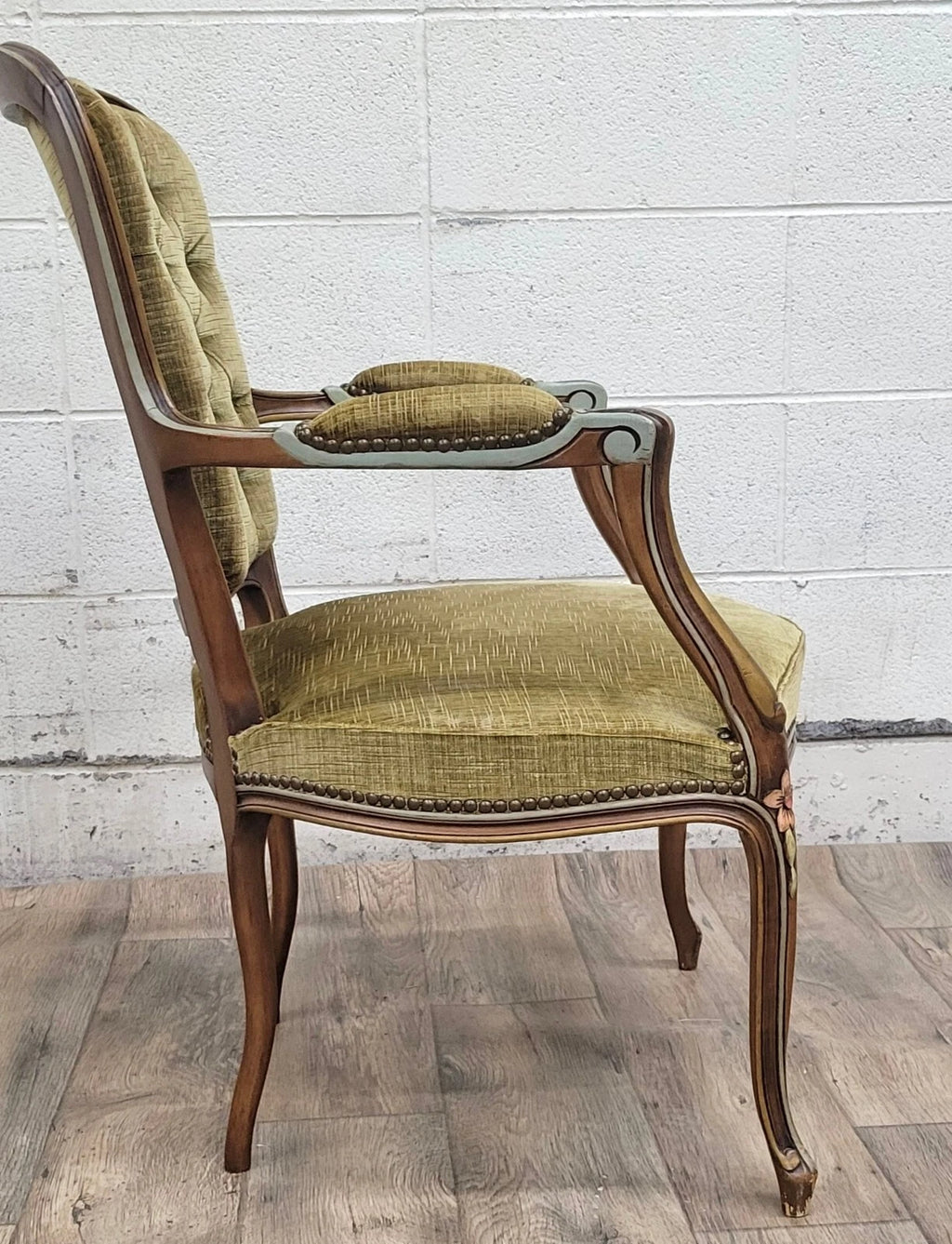 Vintage French Louis XV Style Green Upholstered Fauteuil Armchair