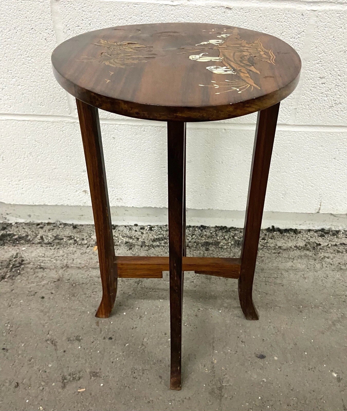 Vintage Shibayama Style Hardwood Side Table with Inlaid Elephant Scene