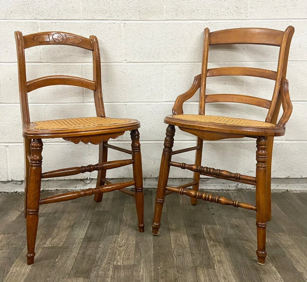 Antique Victorian Eastlake Style Ladderback Cane Dining Occasional Chairs - Pair