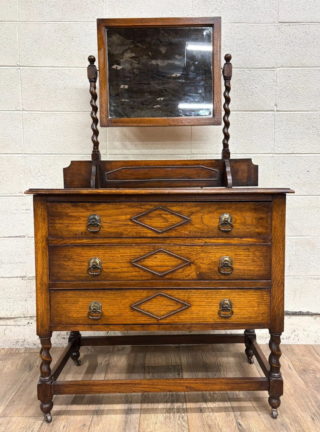 Antique Barley Twist Tiger Oak Dresser with Swivel Mirror
