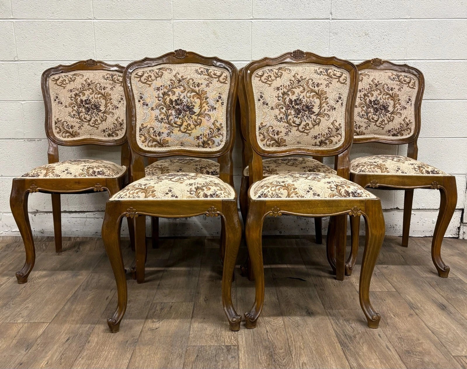 Vintage Louis XV Style Upholstered Tapestry Dining Chairs - Set of 6