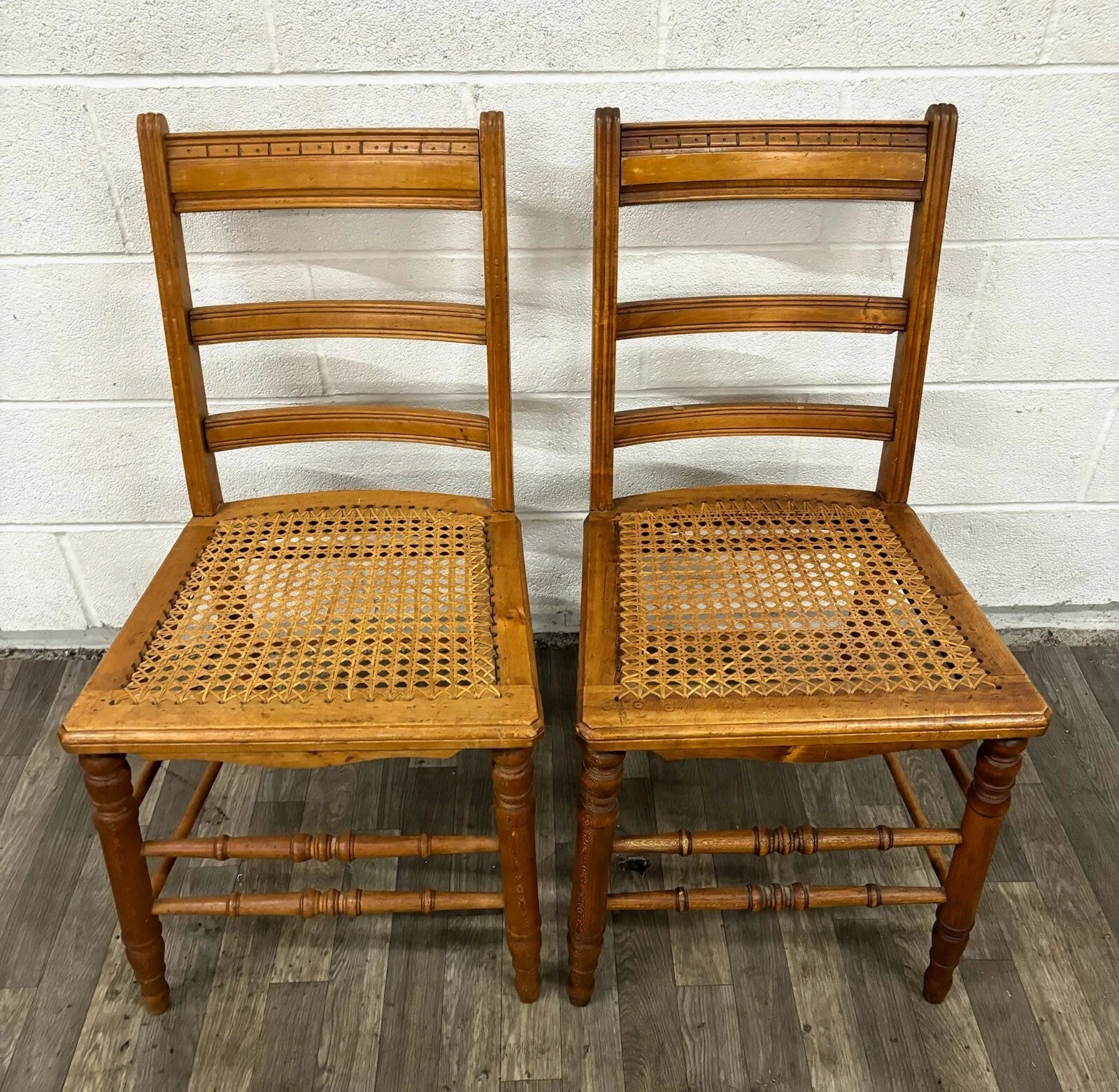 Vintage Colonial Style Ladderback Cane Seat Dining Chairs - Pair