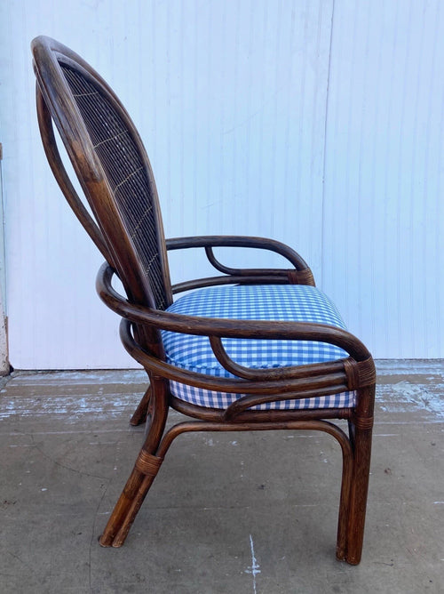 Boho Bentwood Rattan and Cane Chair With Blue Gingham Cushion
