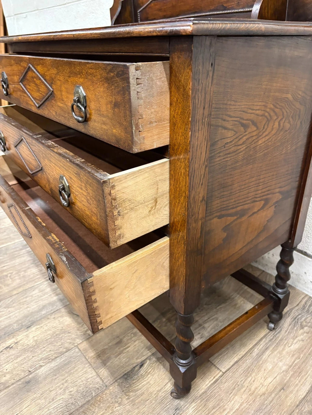 Antique Barley Twist Tiger Oak Dresser with Swivel Mirror