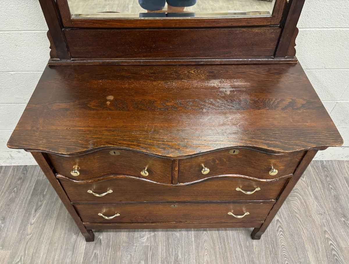 Antique Late Victorian Edwardian Serpentine Oak Dresser with Removable Mirror