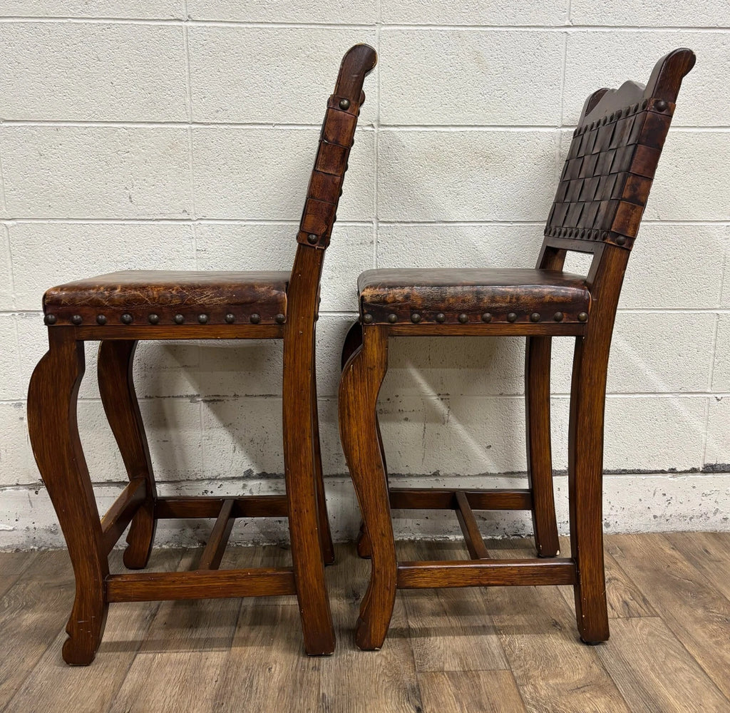 Western Rustic Spanish Colonial Leather and Nailhead Barstools - Pair