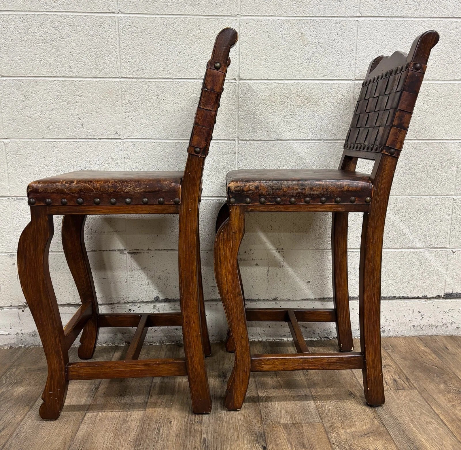 Western Rustic Spanish Colonial Leather and Nailhead Barstools - Pair
