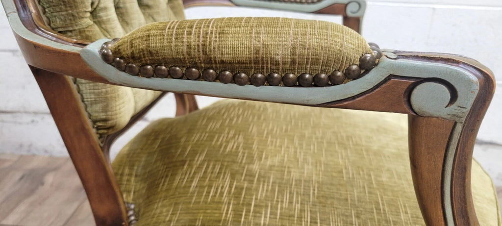 Vintage French Louis XV Style Green Upholstered Fauteuil Armchair