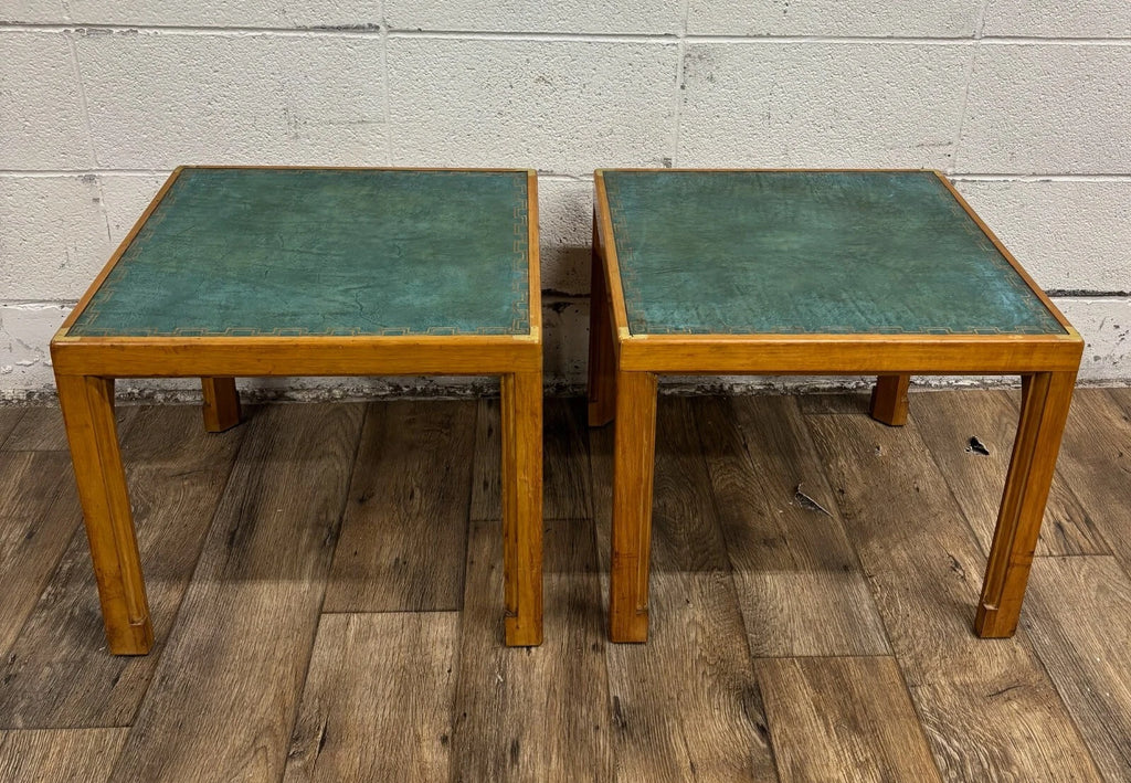 Vintage Tommi Parzinger for Charak Green Leather Top End Tables Side Tables