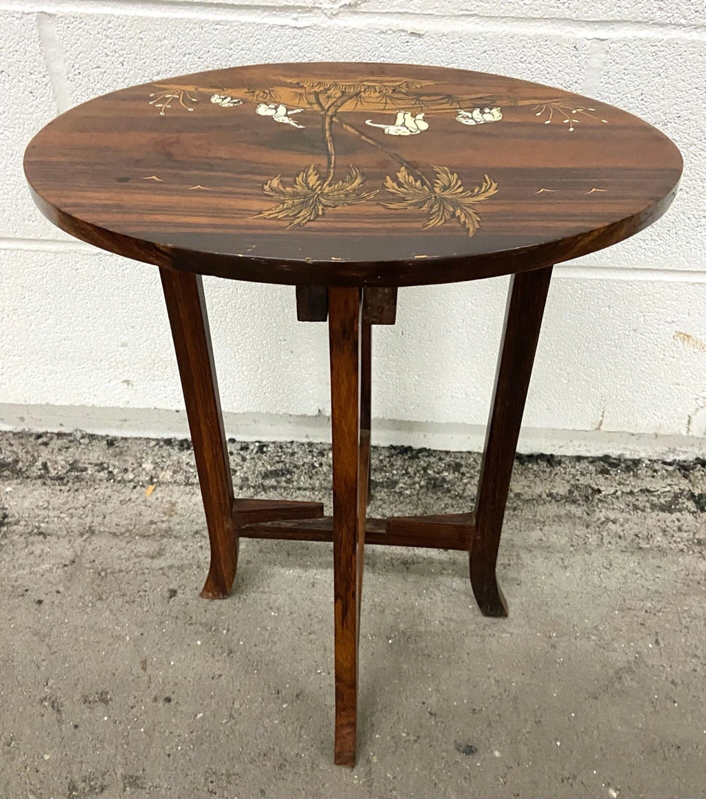 Vintage Shibayama Style Hardwood Side Table with Inlaid Elephant Scene
