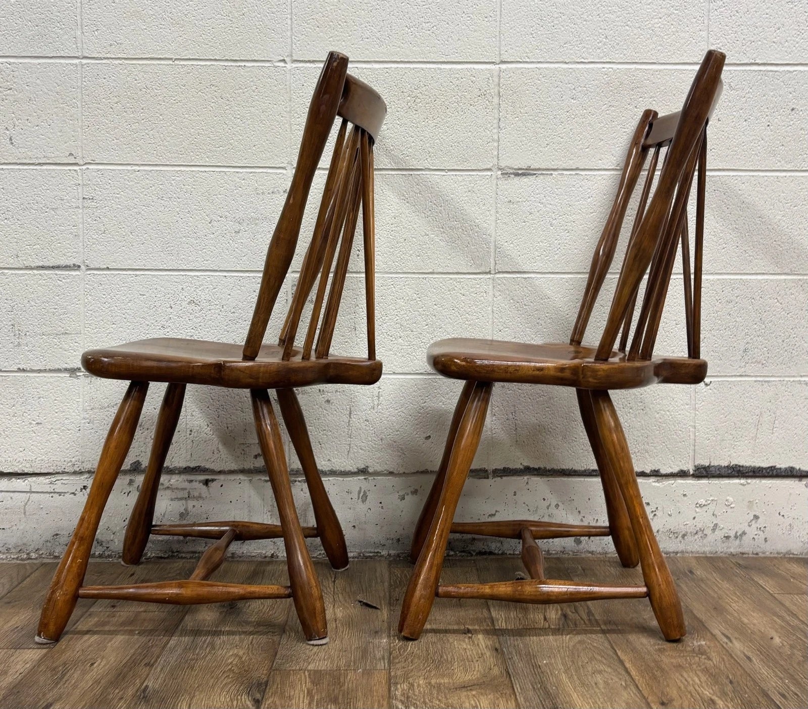 Antique Early American Style Solid Maple Spindle Back Dining Chairs - Pair