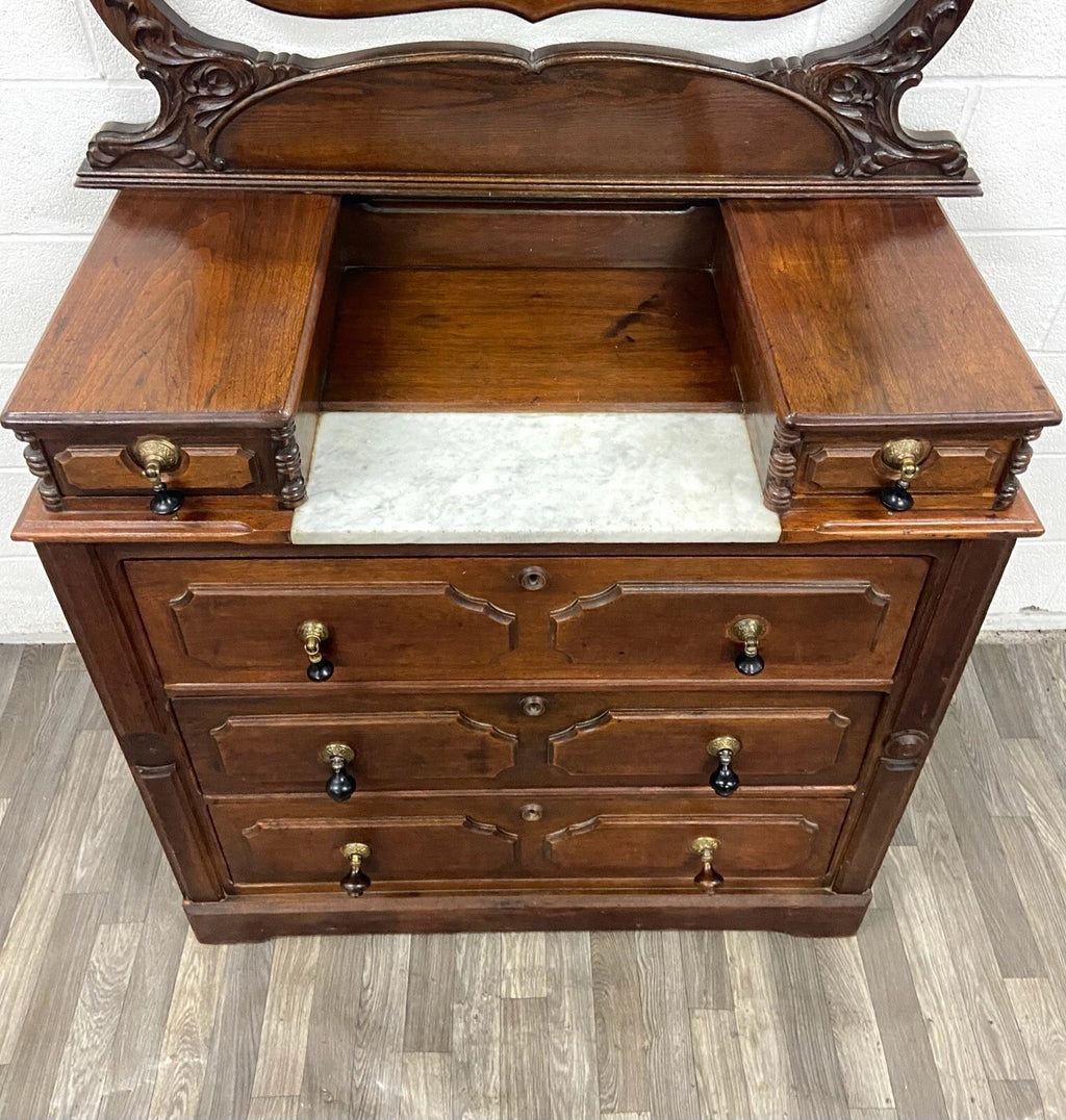 Antique Victorian Walnut and Marble Five Drawer Dresser With Mirror