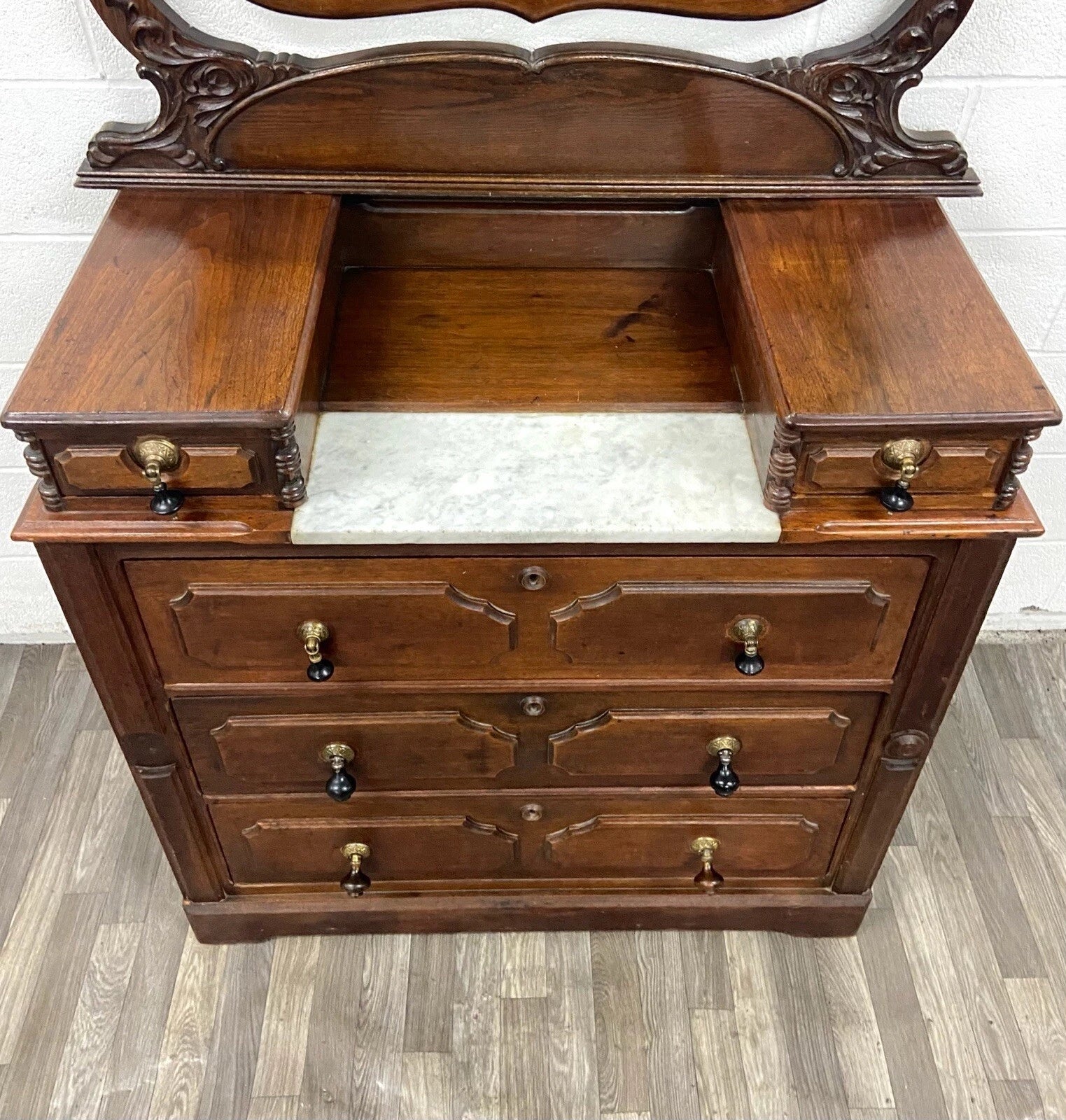 Antique Victorian Walnut and Marble Five Drawer Dresser With Mirror