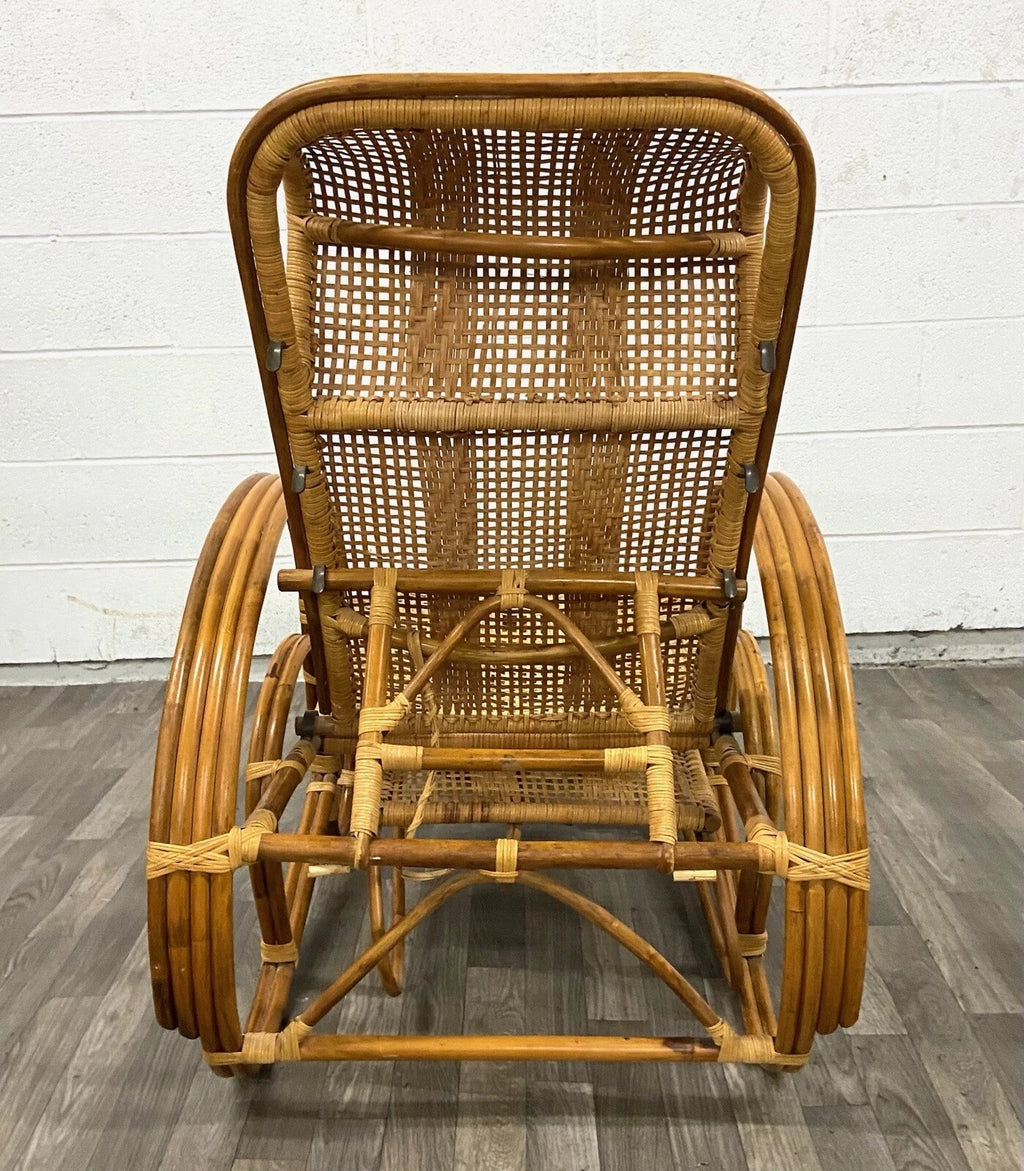 Vintage Boho Bentwood Adjustable Reclining Rattan Cane Chaise Lounge Chair